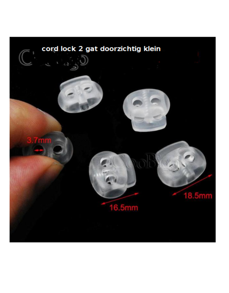 Allesvoordeliger Cord lock 2 gat doorzichtig klein - 3 gats  -  kunststof doorzichtig 2 stuks - klein model