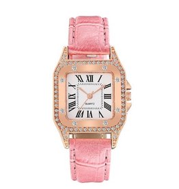 merkloos Dames quartz horloge square pink sparkle HQ 15