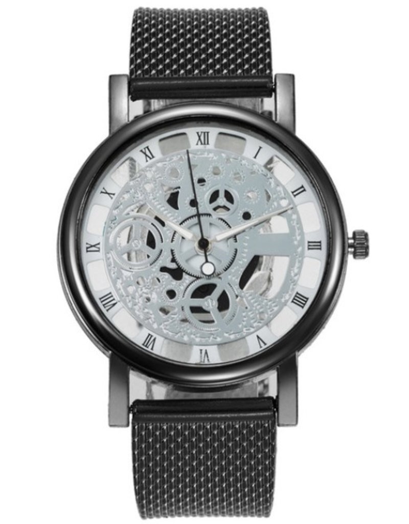 merkloos  skeleton quart watch zilver zwart A4