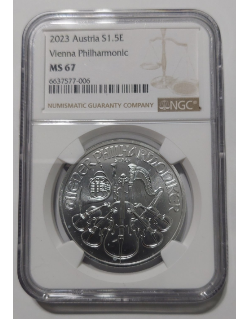 merkloos Austria 1.5 euro 2023 Vienna phylharmonica - silver - NGC mint