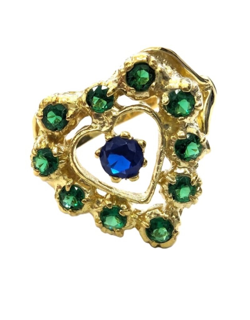 merkloos Gold and silver ring inlaid with emerald and sapphire size 59