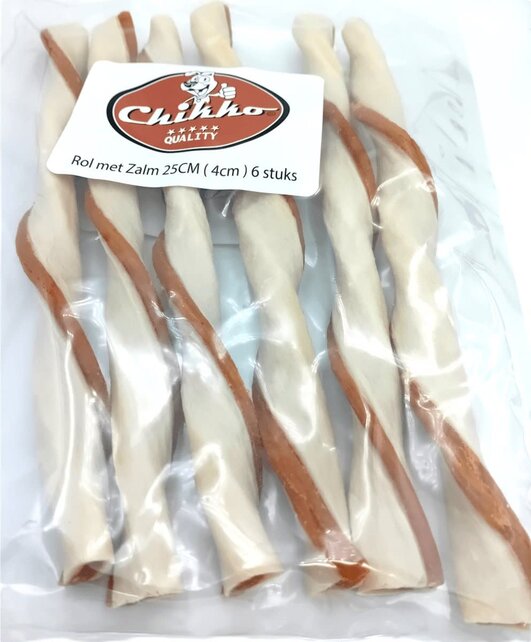 Kauwrol met Zalm & Buffelhuid 25 cm x 6 stuks Kauwrol met Zalm & Buffelhuid 25 cm x 6 stuks