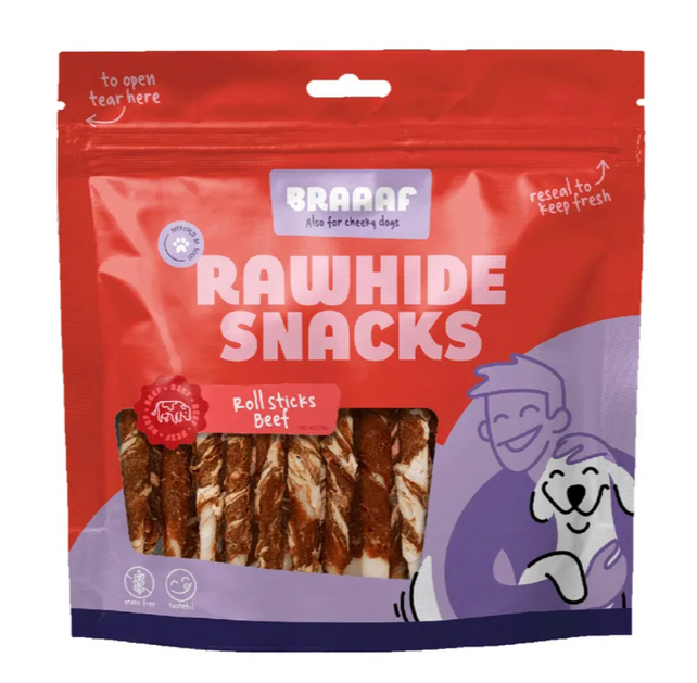 Braaaf rawhide roll sticks rund en vis 25 stuks
