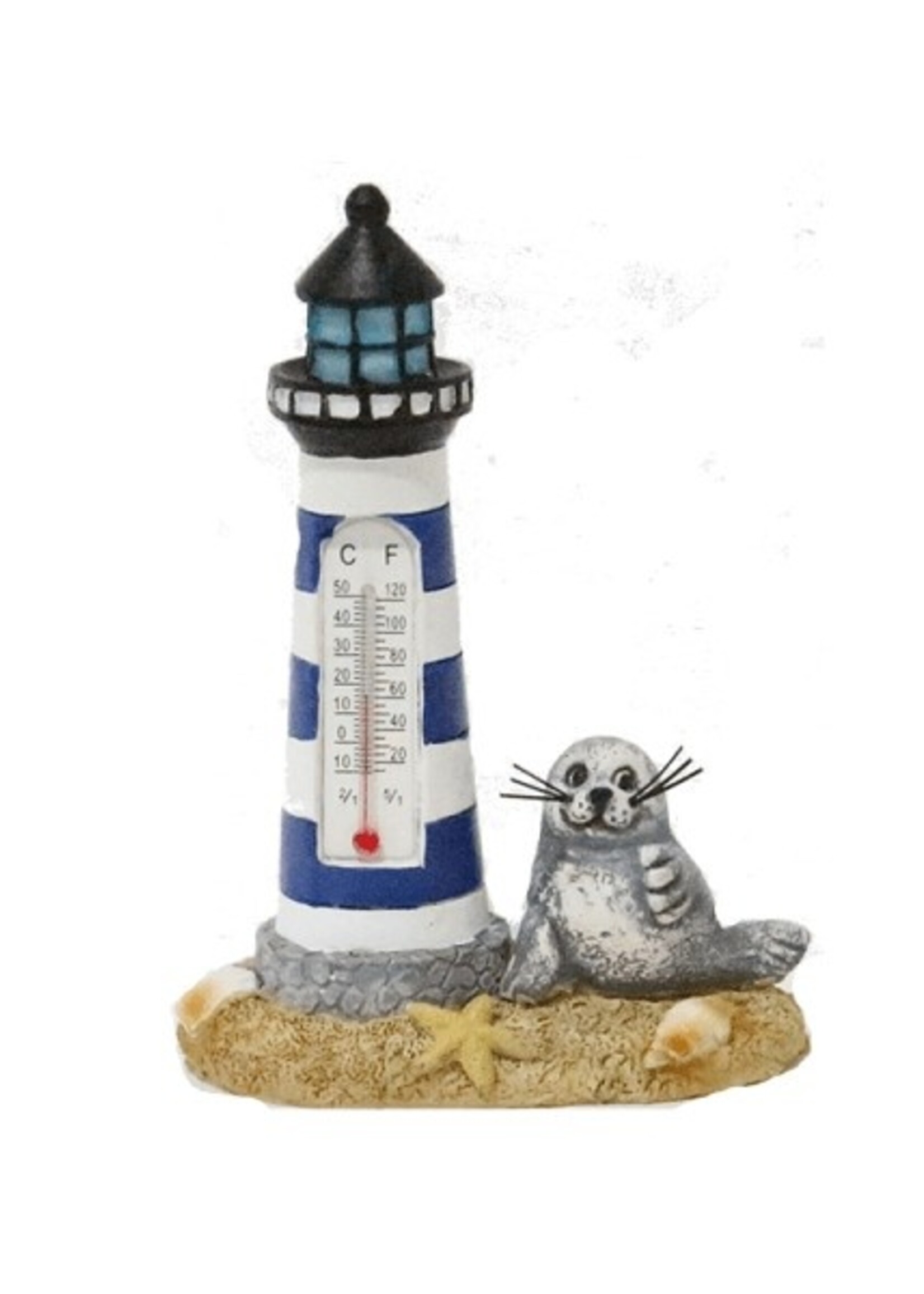 Thermometer vuurtoren met zeehond 7x4,5x10cm