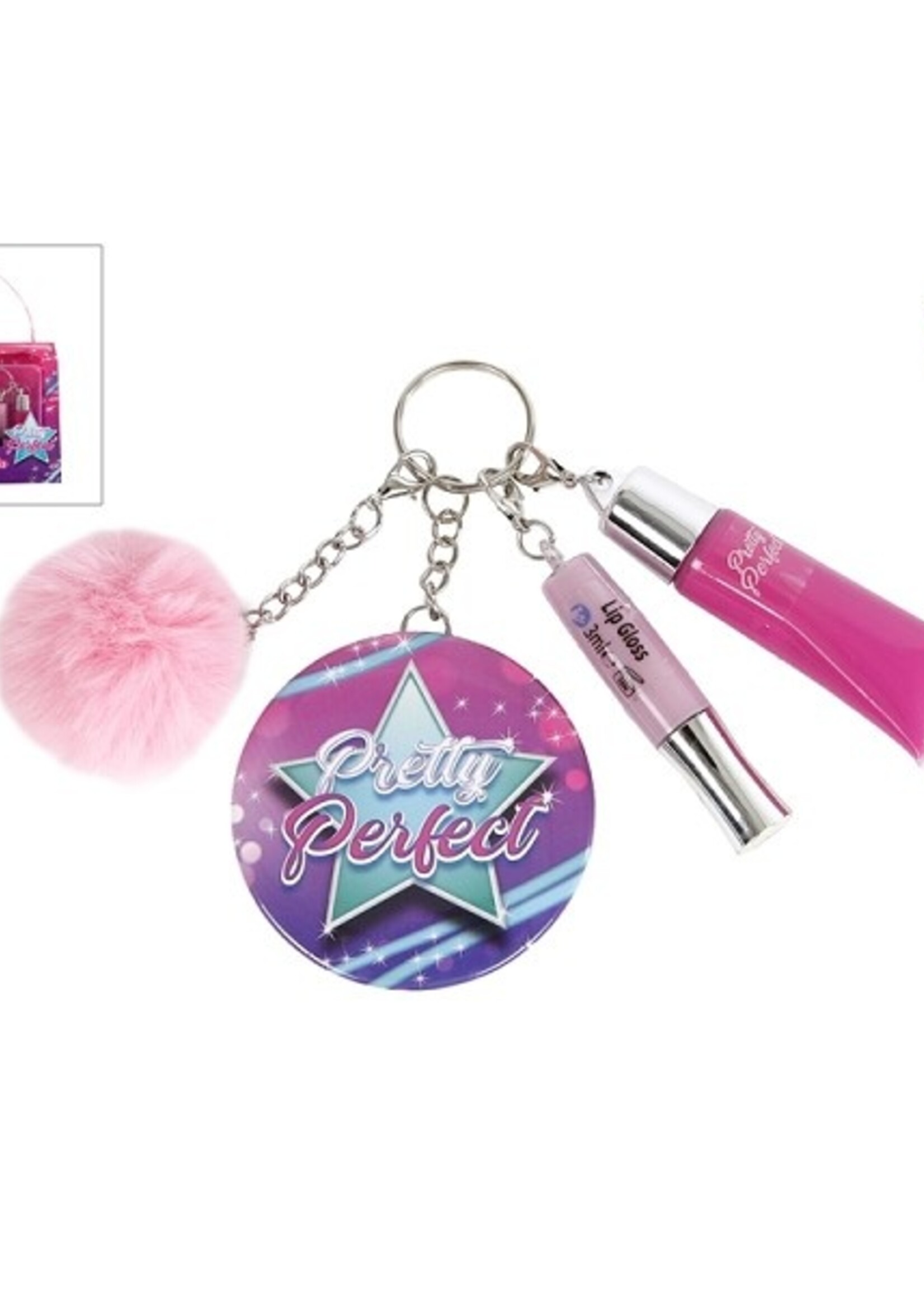 Pretty Perfect pom pom sleutelhanger met 2x lipgloss en spiegel roze