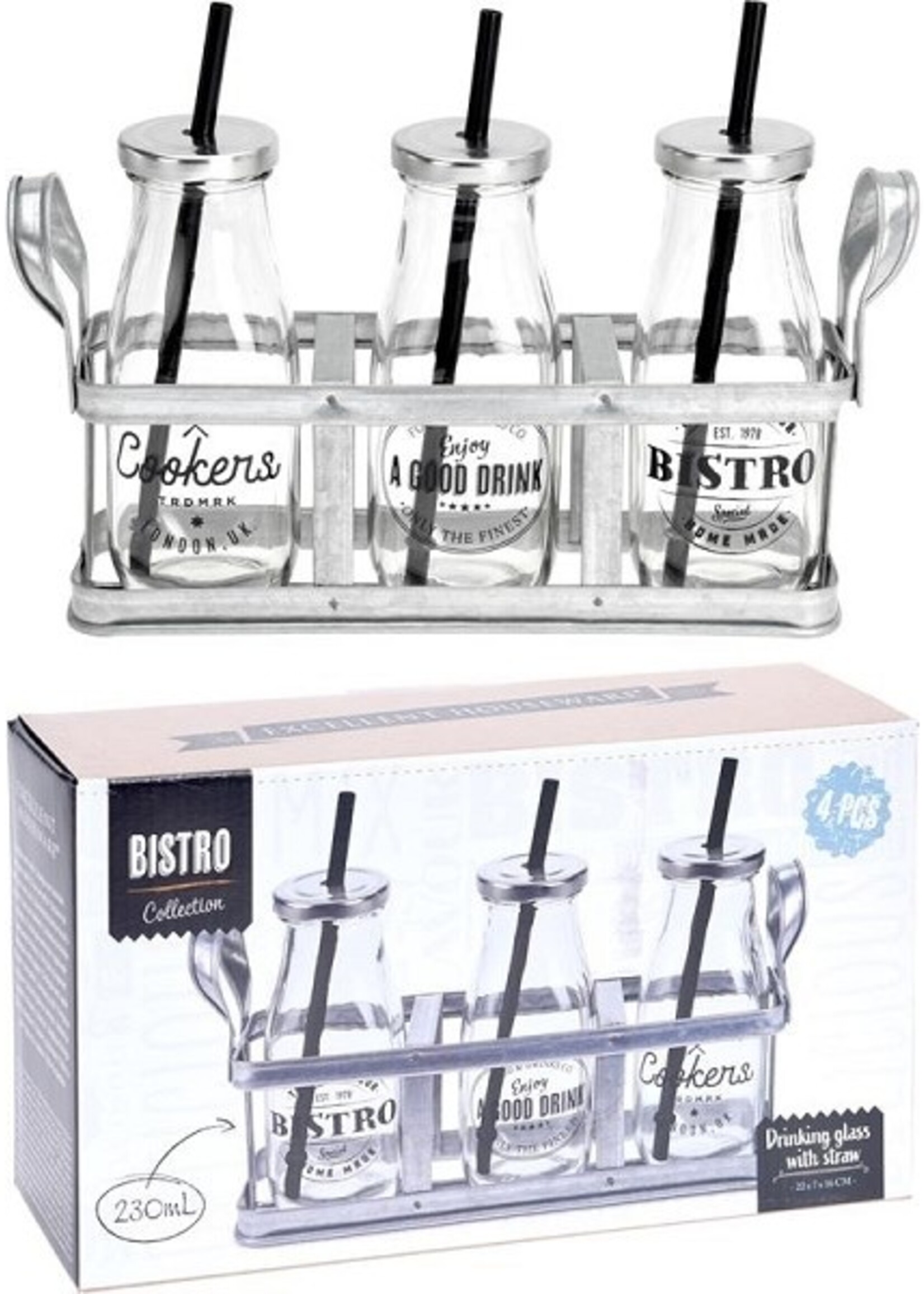 Drinkflessen met rietje 230ml in tray 22x7x16cm