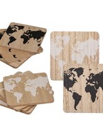 Onderzetters wereldkaart hout set a 4 stuks 9,5x9,5cm