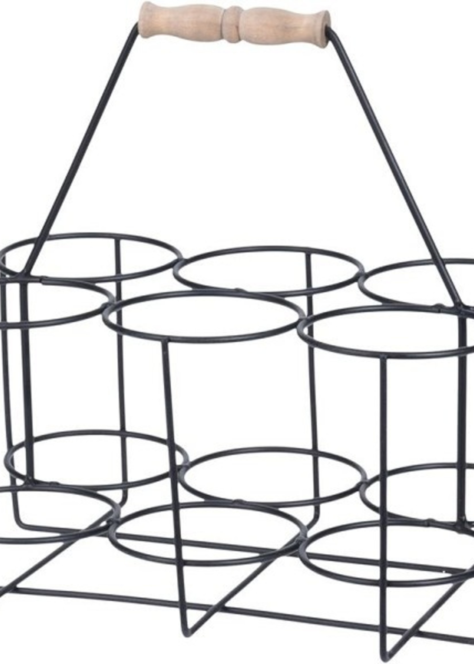 Wijnflessenhouder metaal voor 6 flessen met houten handvat