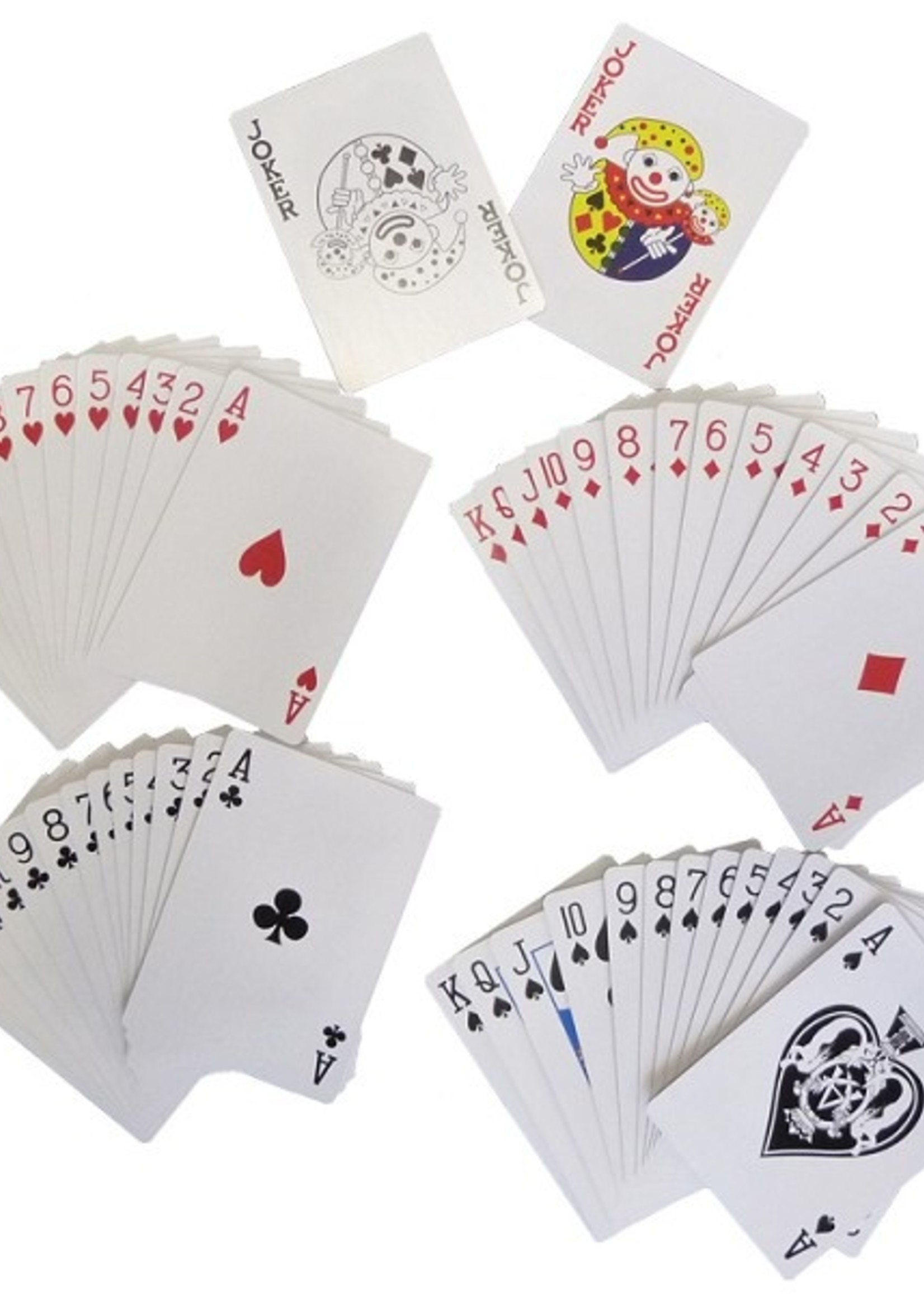 Speelkaarten plastic coated rood of blauw. Pak a 10 pakjes met 52 kaarten en twee jokers.