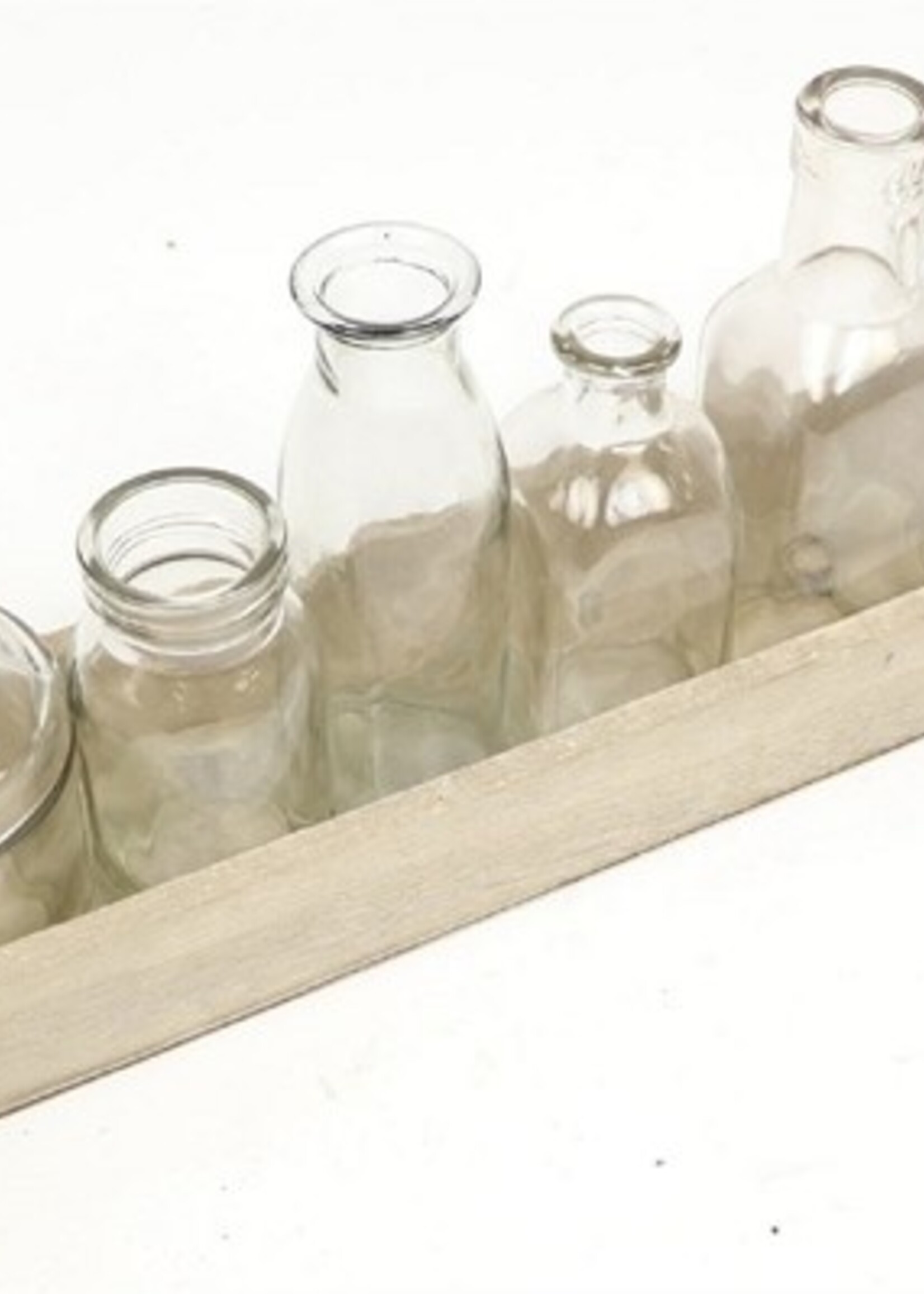 Tray hout met 6 flesjes 34.5x8 H4.5cm