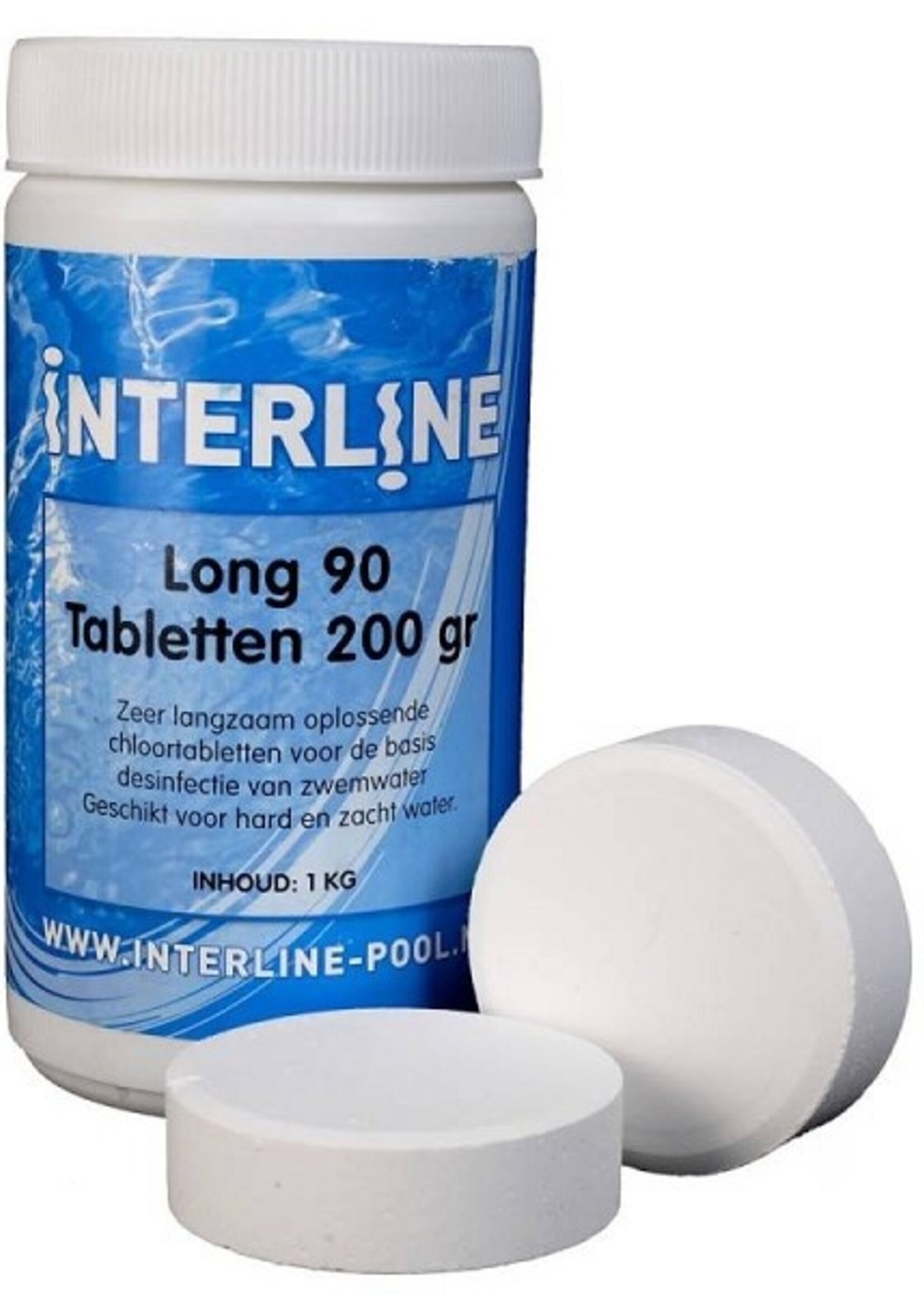 Interline chloortabletten GROOT a 200g Long-90 verpakt in pot van 1Kg