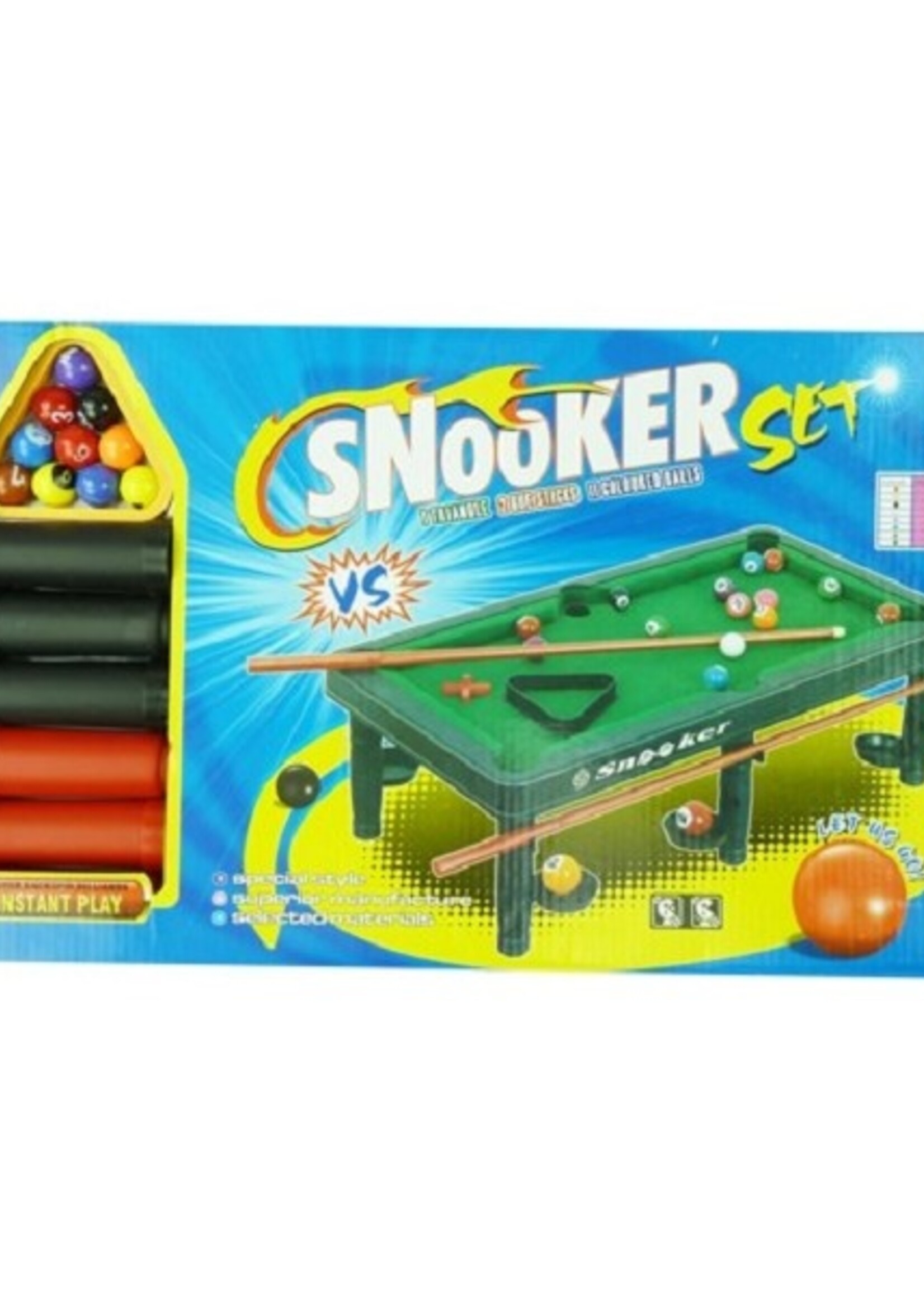 Poolbiljart snooker 33x26x10cm. met 10 genummerde, gekleurde ballen, witte bal, opzetdriehoek en twee keu's.