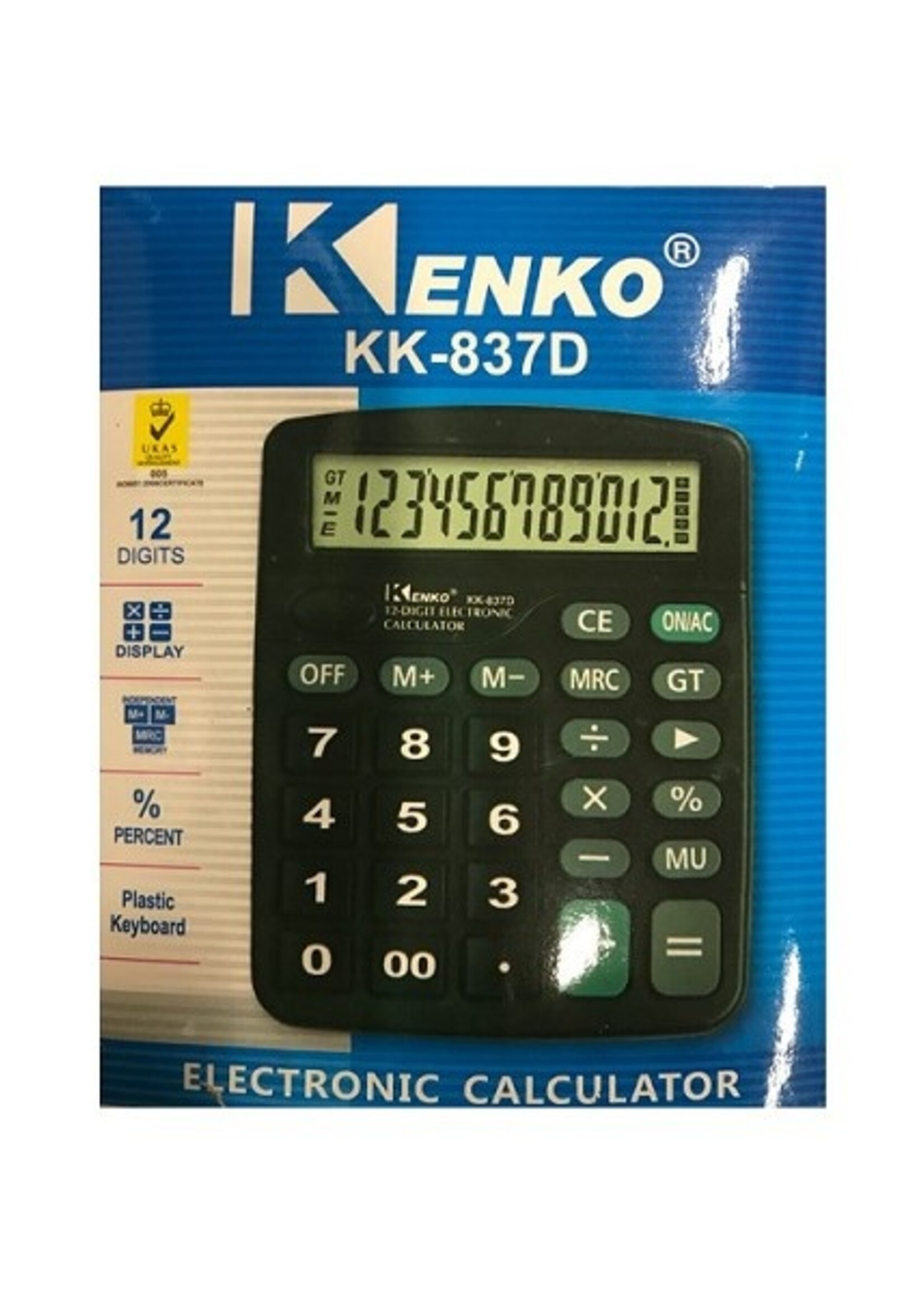 Calculator rekenmachine Kenko 12digit 13x10cm KK837D. werkt op 1xAAA batterij (niet inbegrepen)