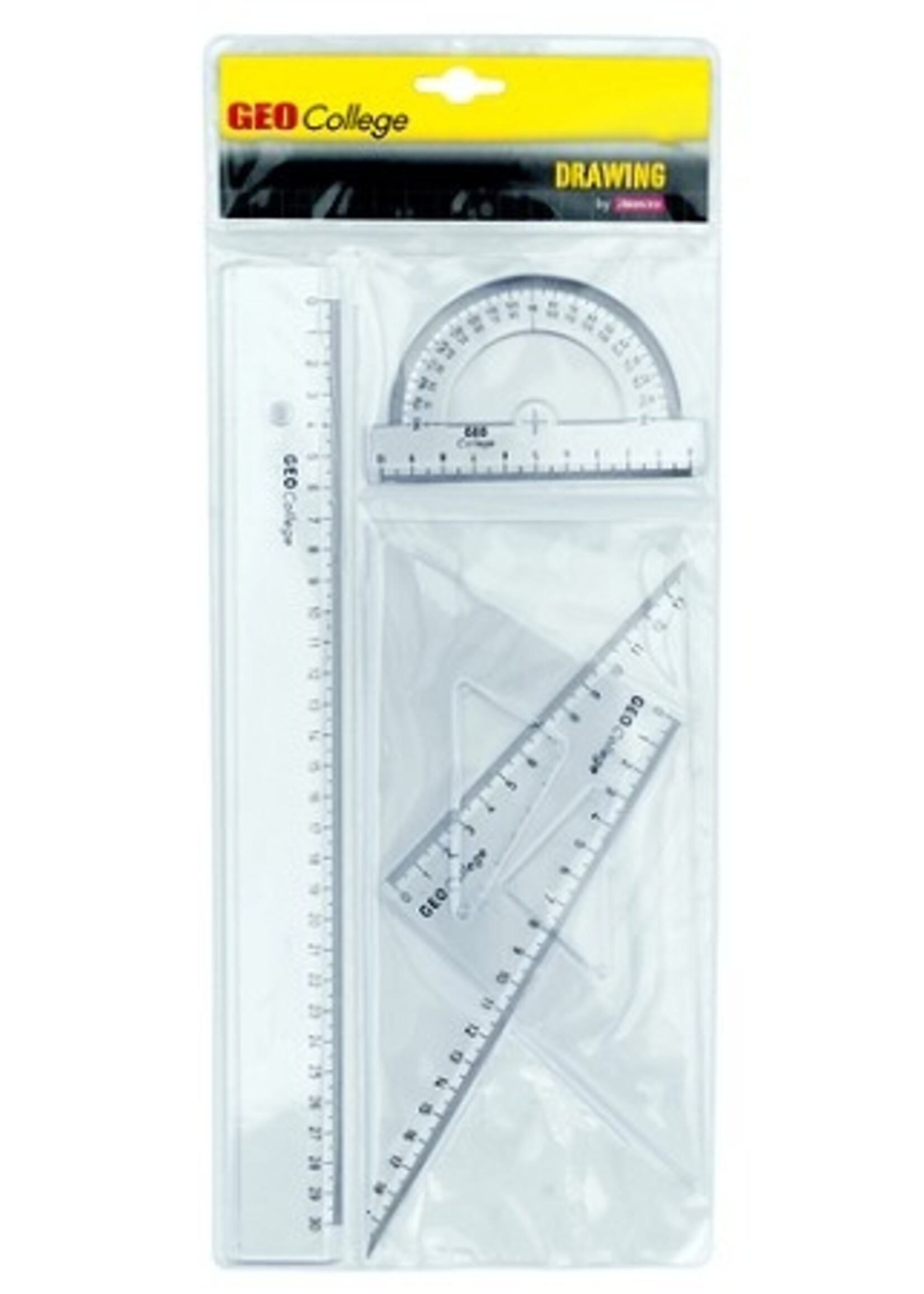 Geometrieset liniaal 30cm, tekendriekhoek 45° en 60°, gradenboog 12cm