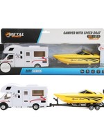 Toi Toys Camper pull back +speedboot+aanhanger 1:48