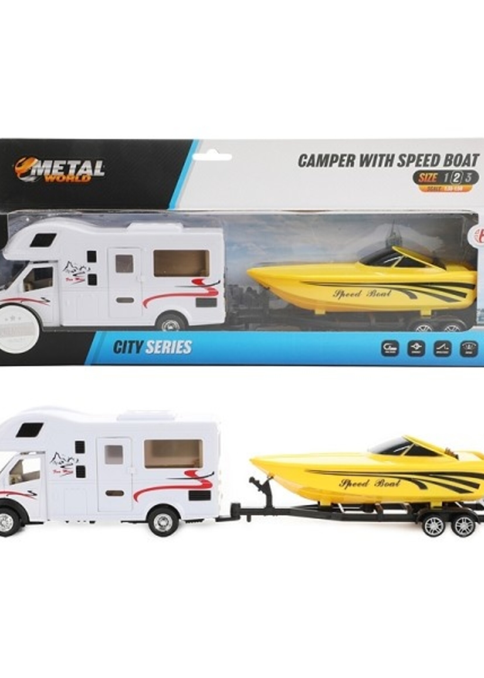 Toi Toys Camper pull back +speedboot+aanhanger 1:48