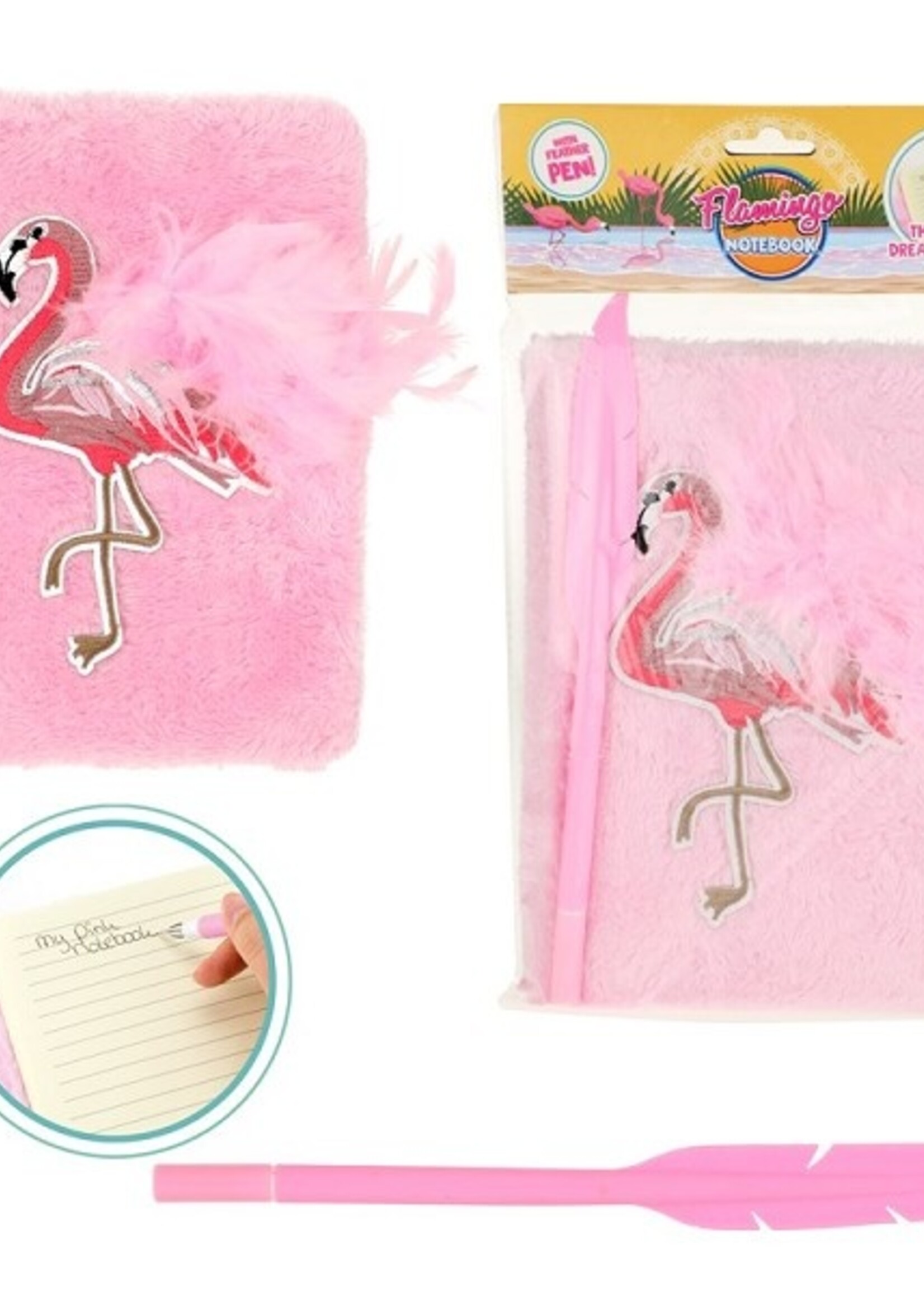Toi Toys Pluche flamingo notitieboek met veren en verenpen