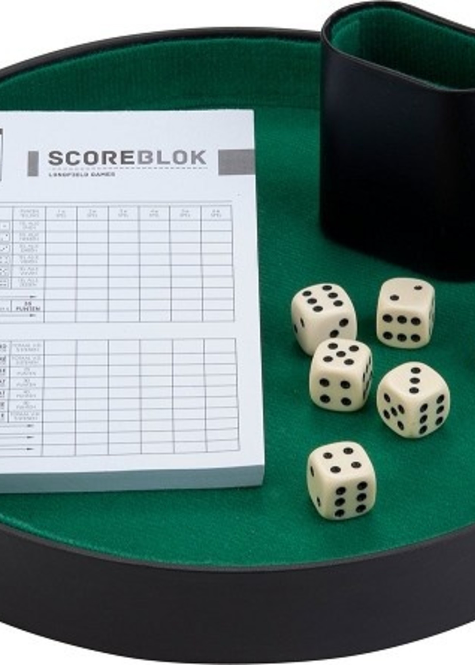 Dobbelset compleet met 6 dobbelstenen, pokerpiste, scoreblok, dobbelbeker