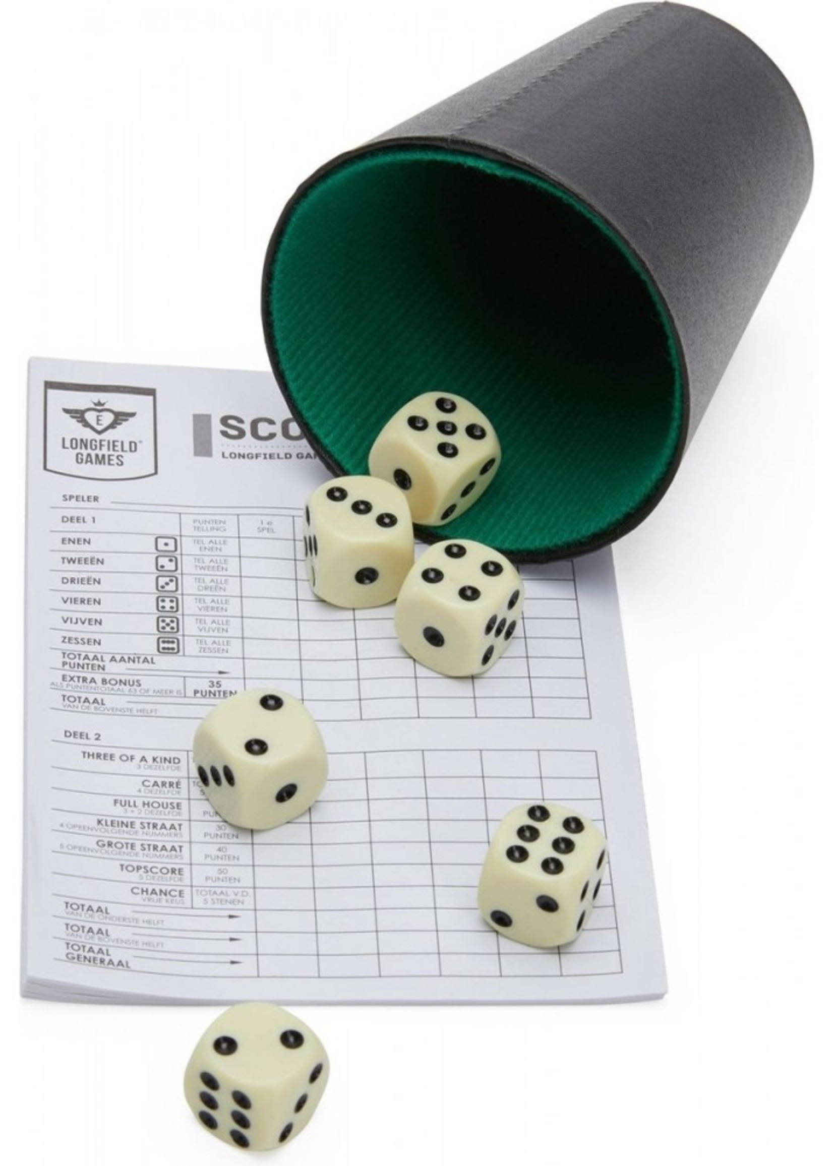 Dobbelset beker+ 6 dobbelstenen en scoreboekje