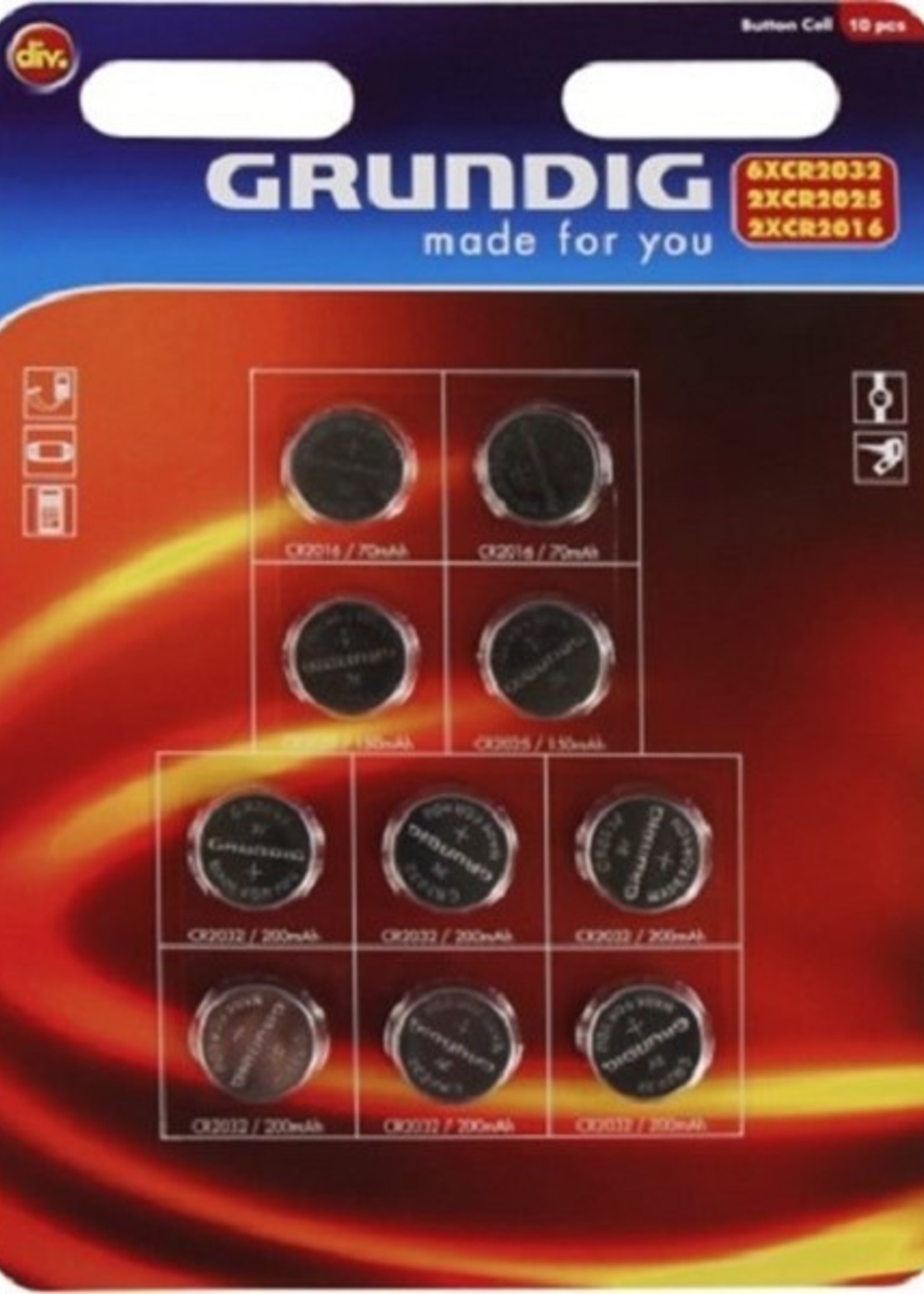 Grundig Knoopcelbatterijen 10 stuks op kaart (6xCR2032,2xCR2025,2xCR2016)