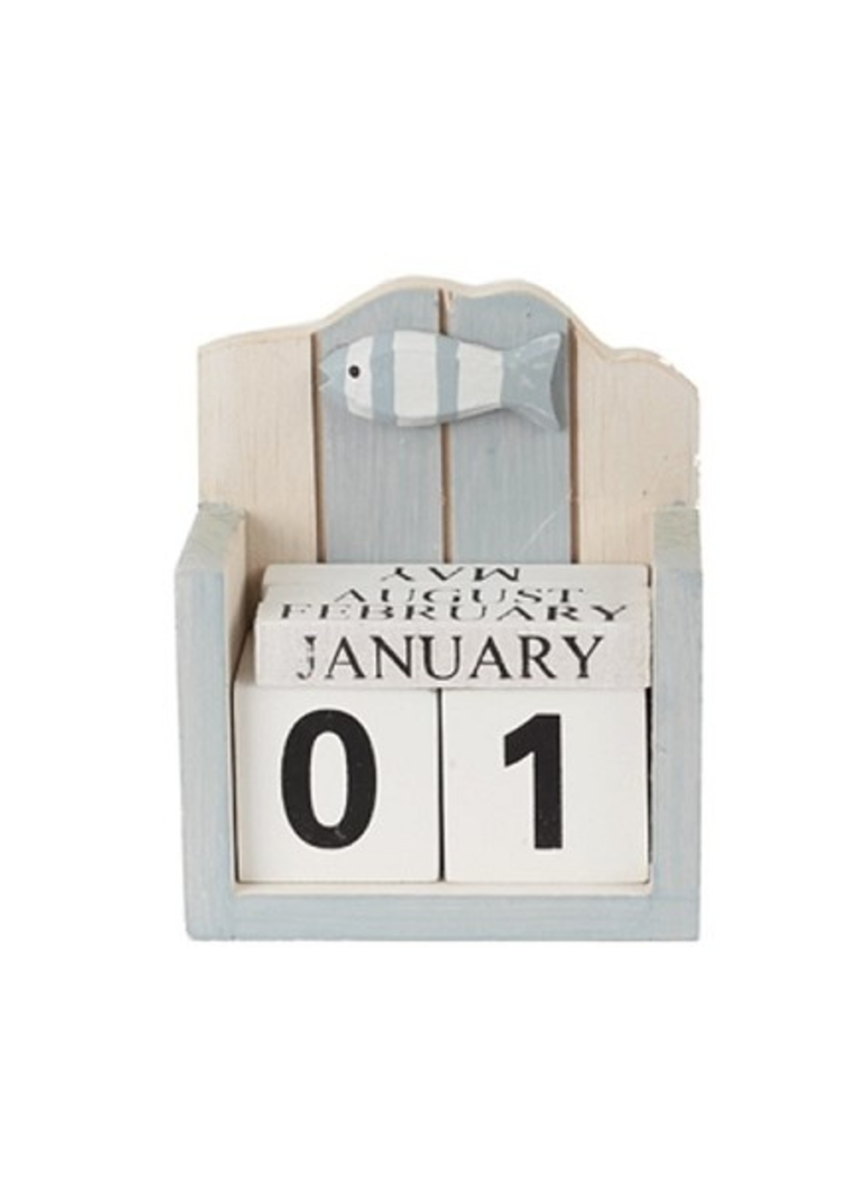 Eeuwig durende kalender hout blauw/wit 9,5x5x12cm