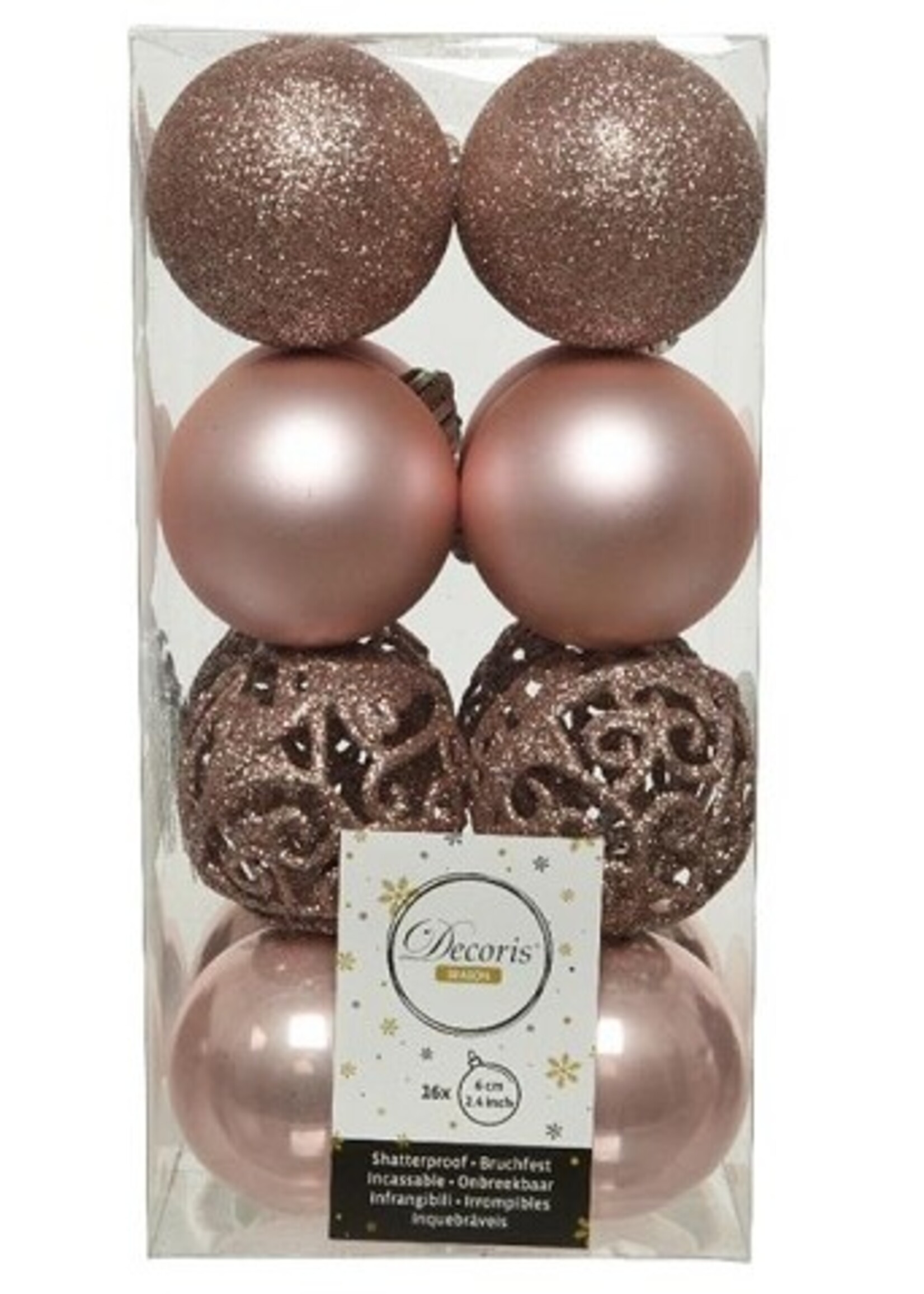 Decoris kerstballenset kunststof mix 16 delig dia6cm poeder rose