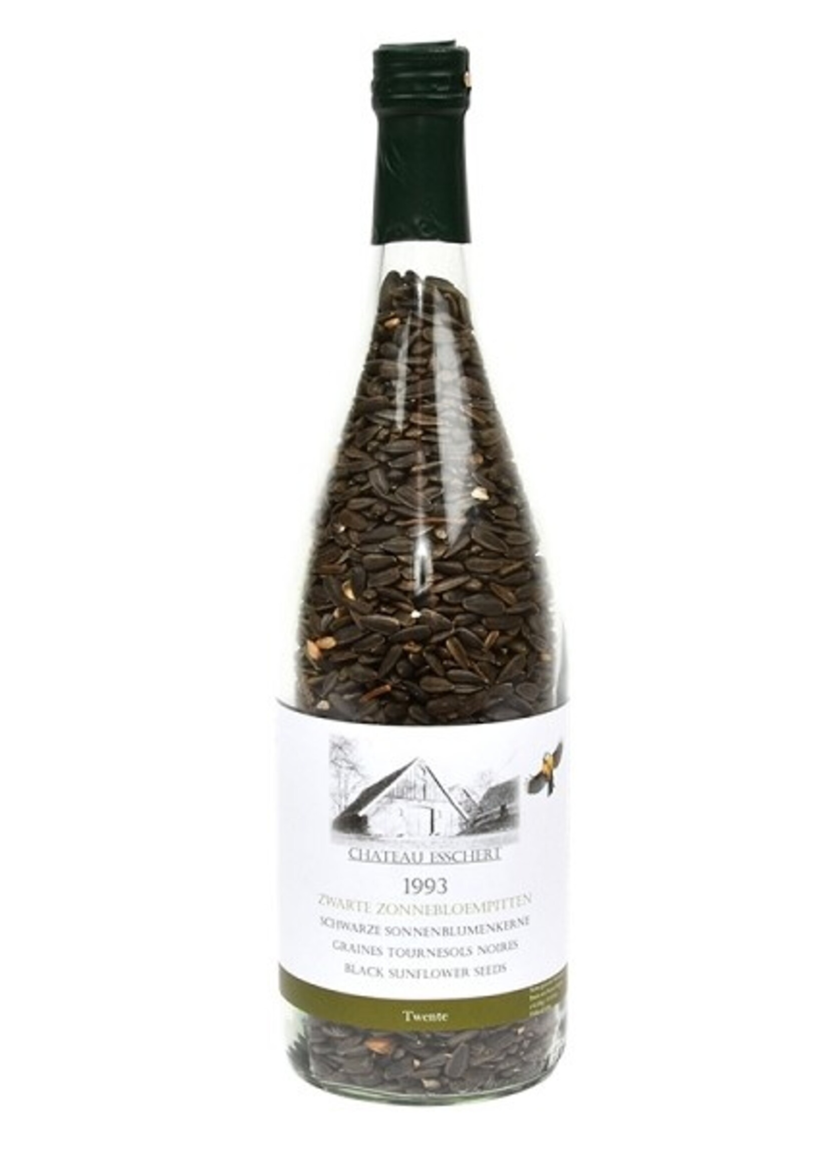 Esschert Design Wijnfles gevuld met zwarte zonnebloempitten L9 x B9 x H35cm