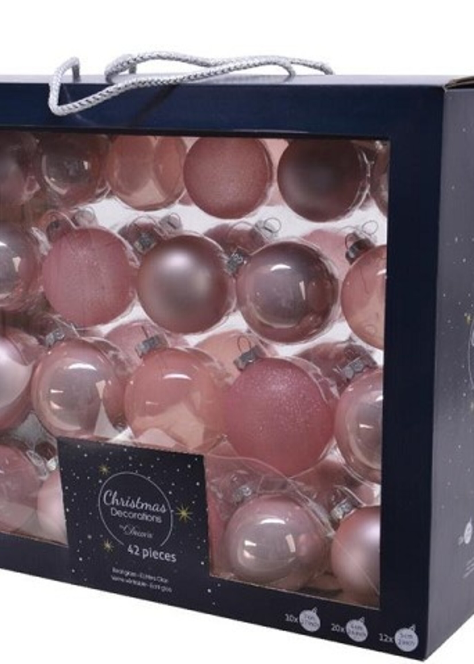 Kerstballenset van glas poederroze box a 42 stuks