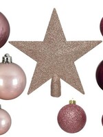 Decoris Onbreekbare kerstballenset a 33 stuks met piek in assorti kleuren blush pink, magnolia en velvet pink