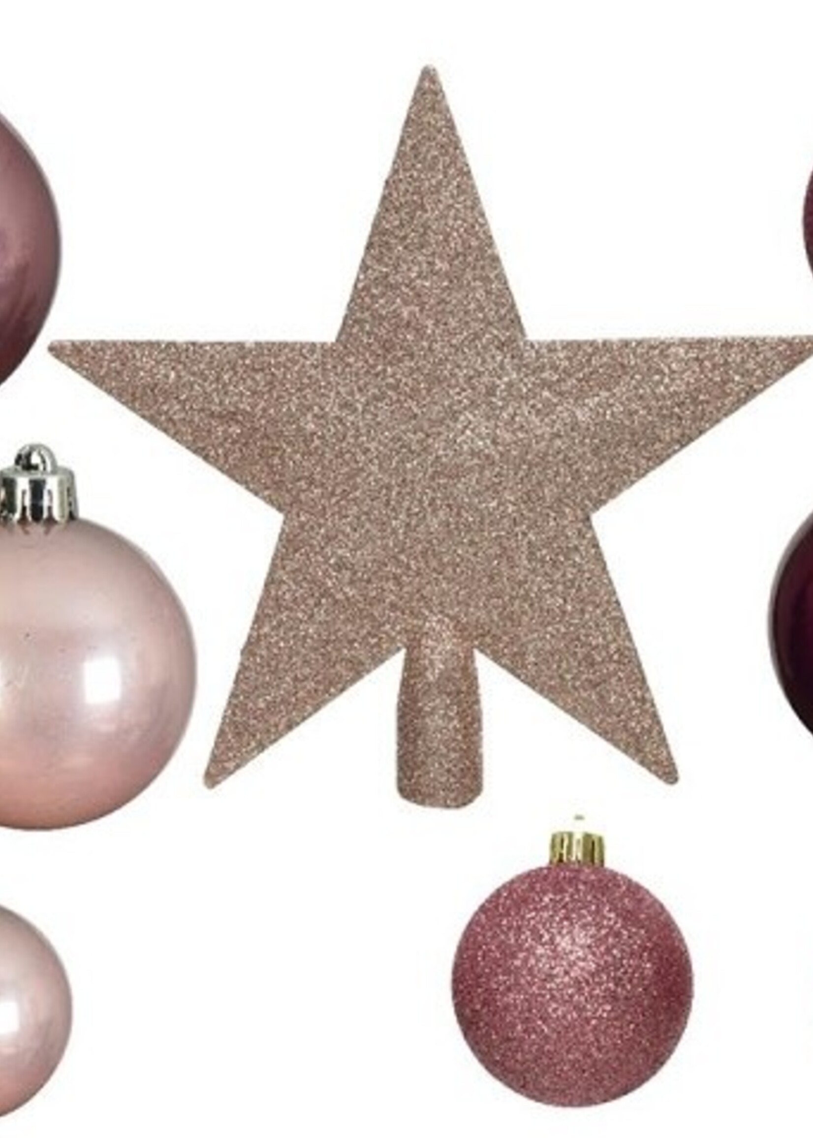 Decoris Onbreekbare kerstballenset a 33 stuks met piek in assorti kleuren blush pink, magnolia en velvet pink
