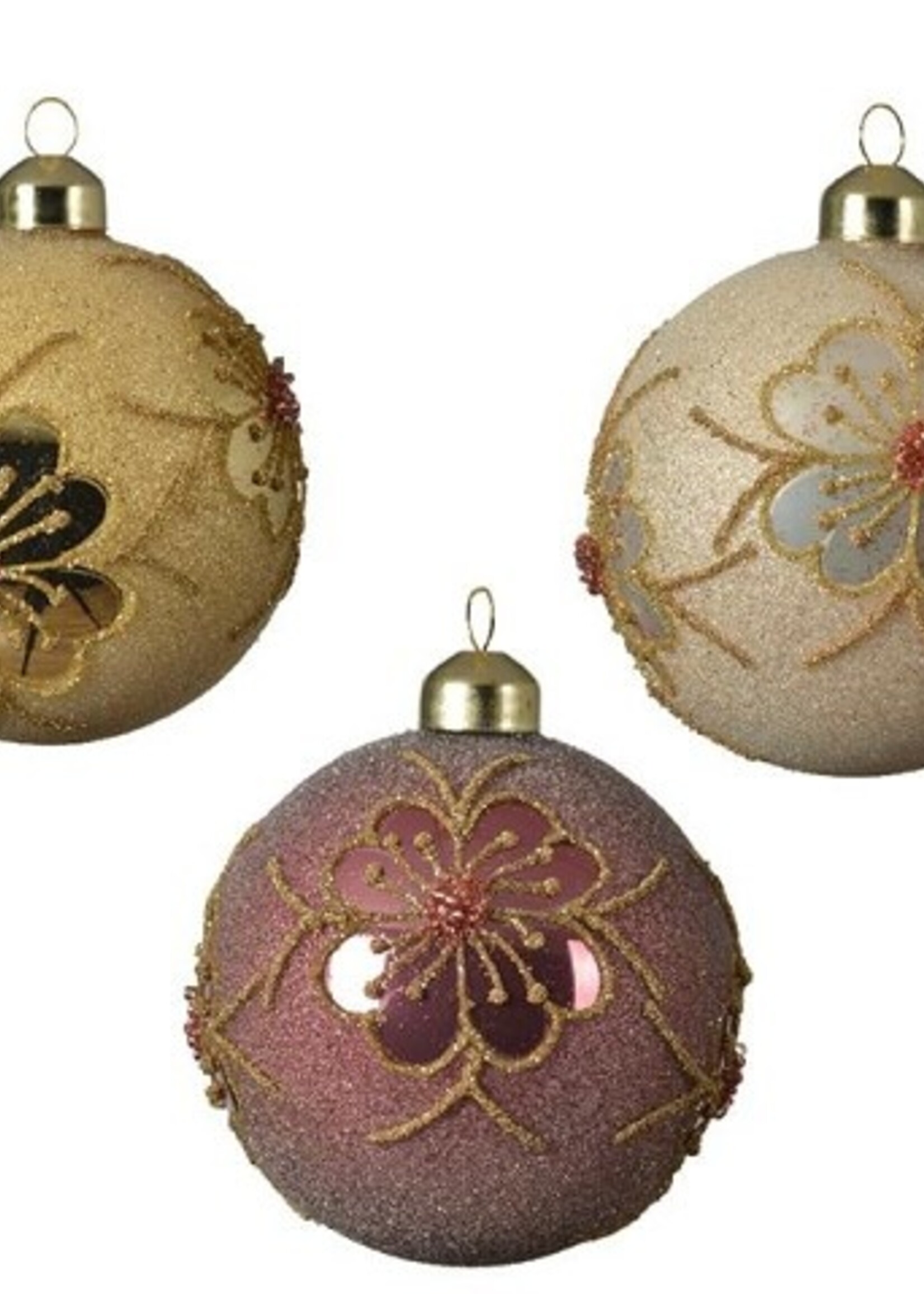 Decoris Gedecoreerde Kerstballenset van glas set a 3 ballen dia 8cm in assorti kleuren licht goud, pearl en velvet pink