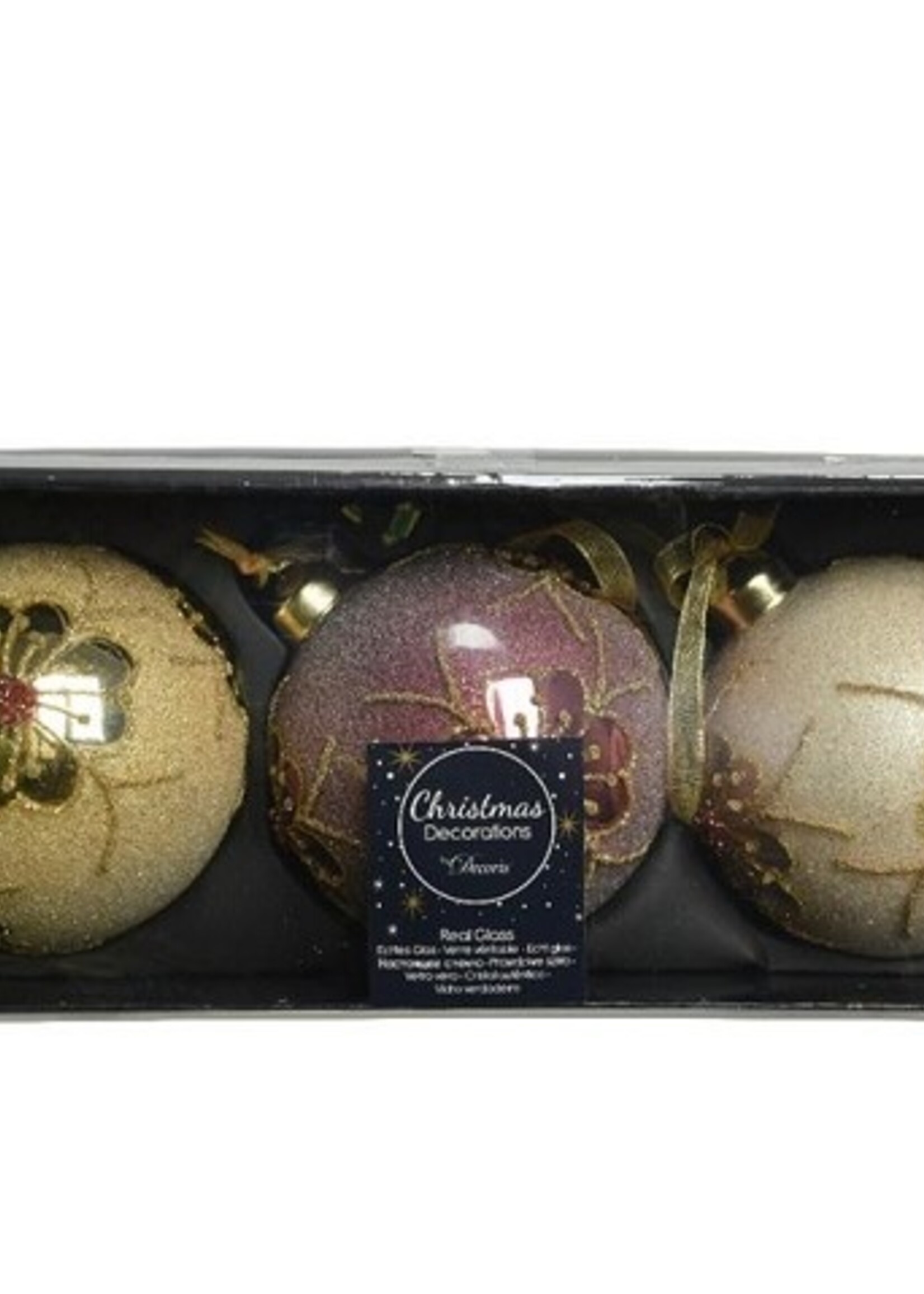 Decoris Gedecoreerde Kerstballenset van glas set a 3 ballen dia 8cm in assorti kleuren licht goud, pearl en velvet pink
