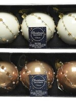 Decoris Gedecoreerde Kerstballenset van glas set a 3 ballen dia 8cm in kleuren wol wit OF camel brown