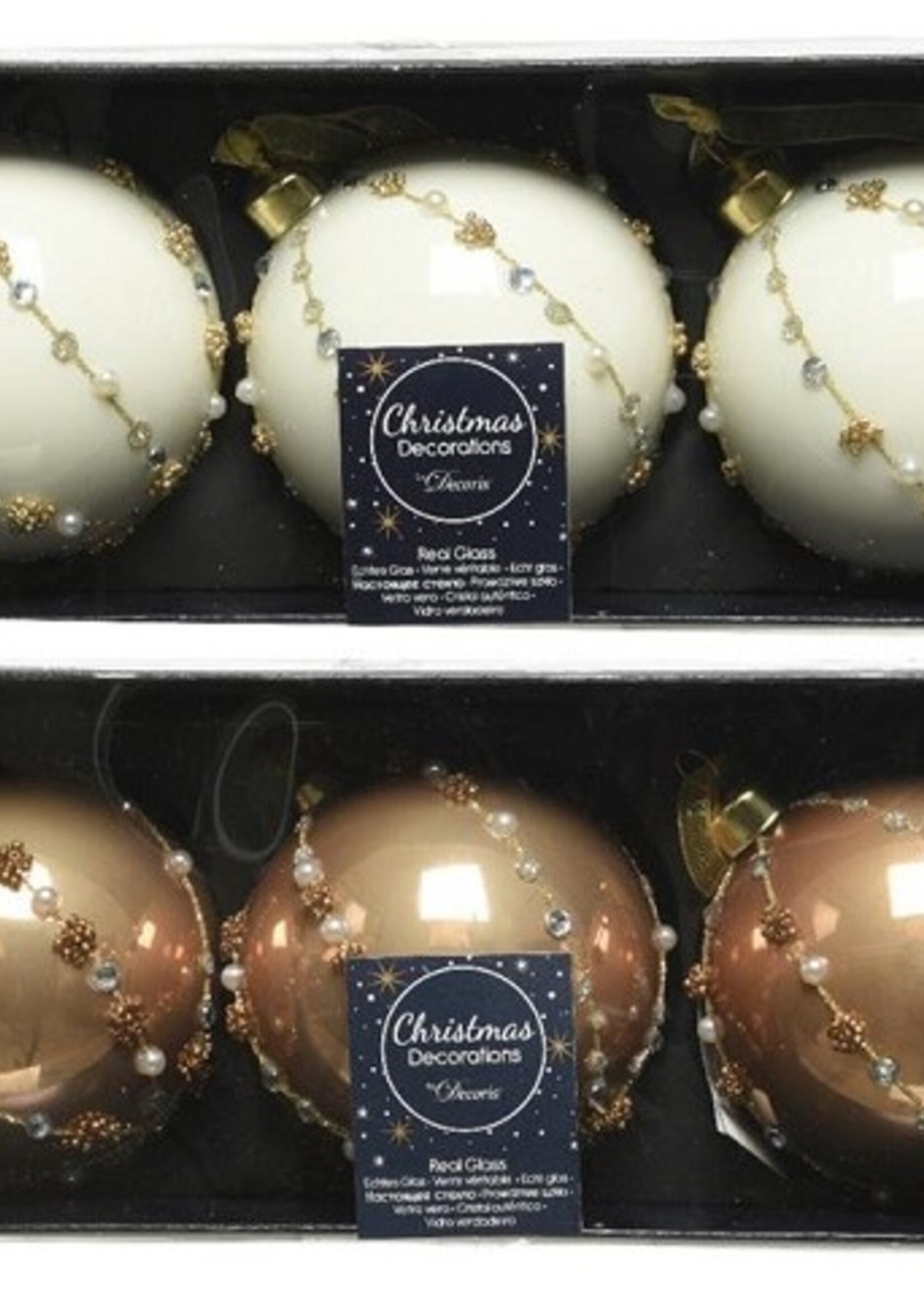Decoris Gedecoreerde Kerstballenset van glas set a 3 ballen dia 8cm in kleuren wol wit OF camel brown