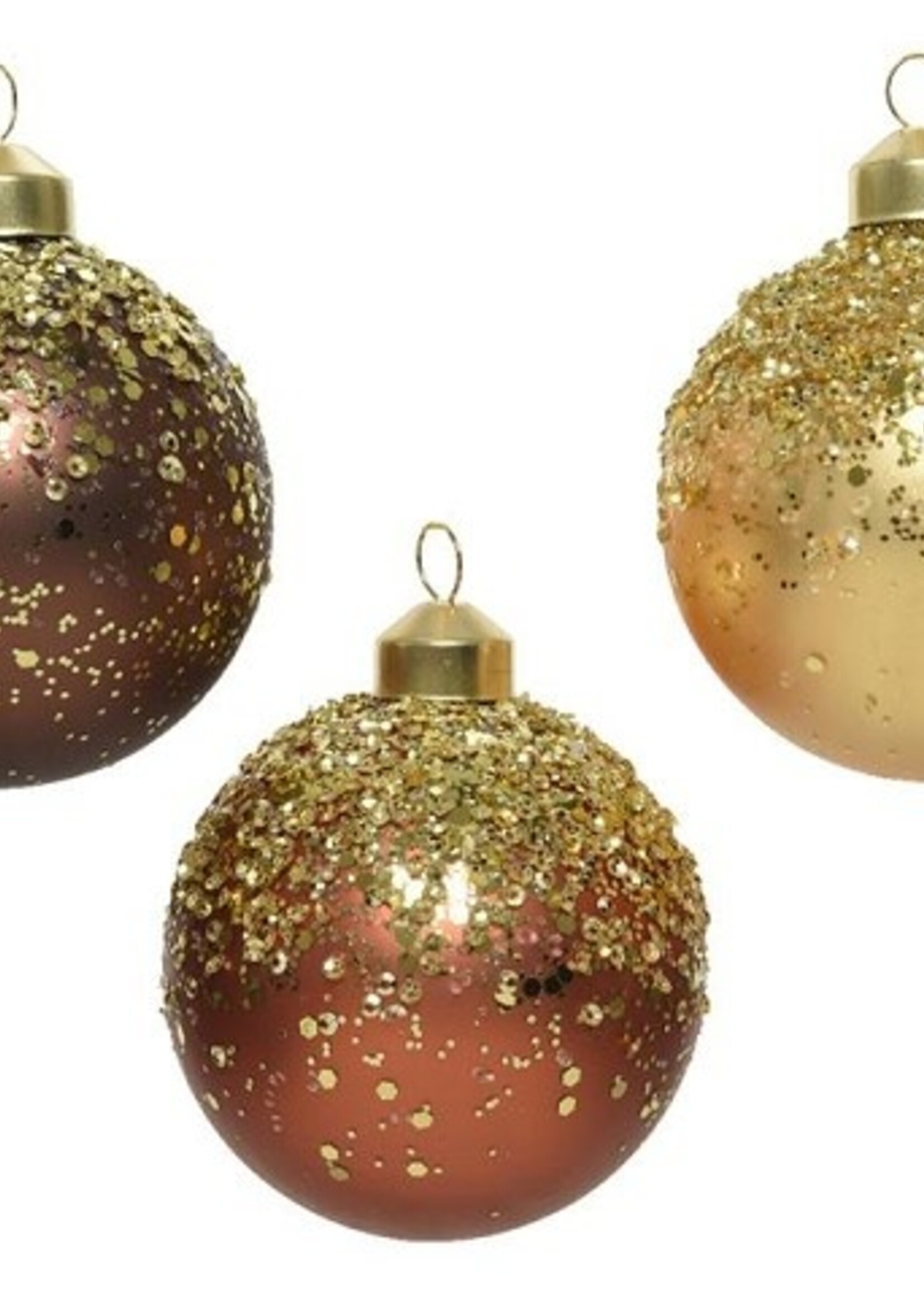 Decoris Gedecoreerde Kerstballenset van glas set a 3 ballen dia 8cm in kleuren terra brown OF dark brown OF warm grey