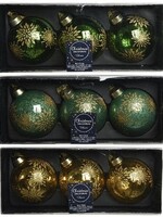 Decoris Gedecoreerde Kerstballenset van glas set a 3 ballen dia 8cm in kleuren pine green OF sage green OF light gold