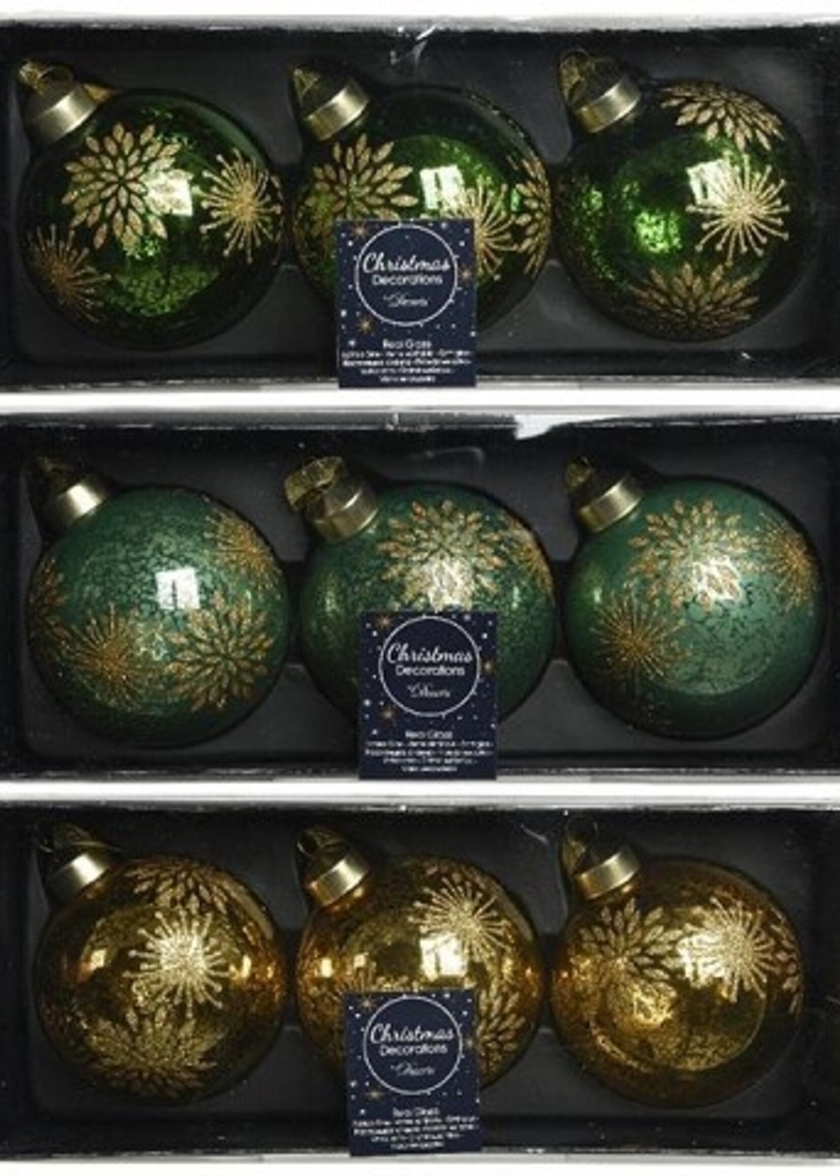 Decoris Gedecoreerde Kerstballenset van glas set a 3 ballen dia 8cm in kleuren pine green OF sage green OF light gold