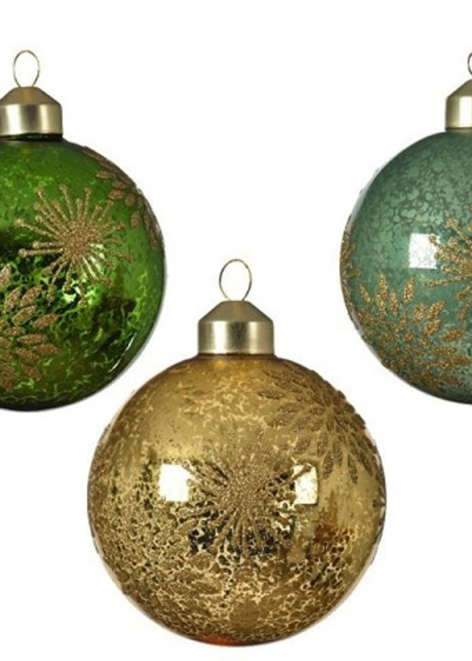 Decoris Gedecoreerde Kerstballenset van glas set a 3 ballen dia 8cm in kleuren pine green OF sage green OF light gold