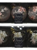 Decoris Gedecoreerde Kerstballenset van glas set a 3 ballen dia 8cm in kleuren pink flower OF white flower