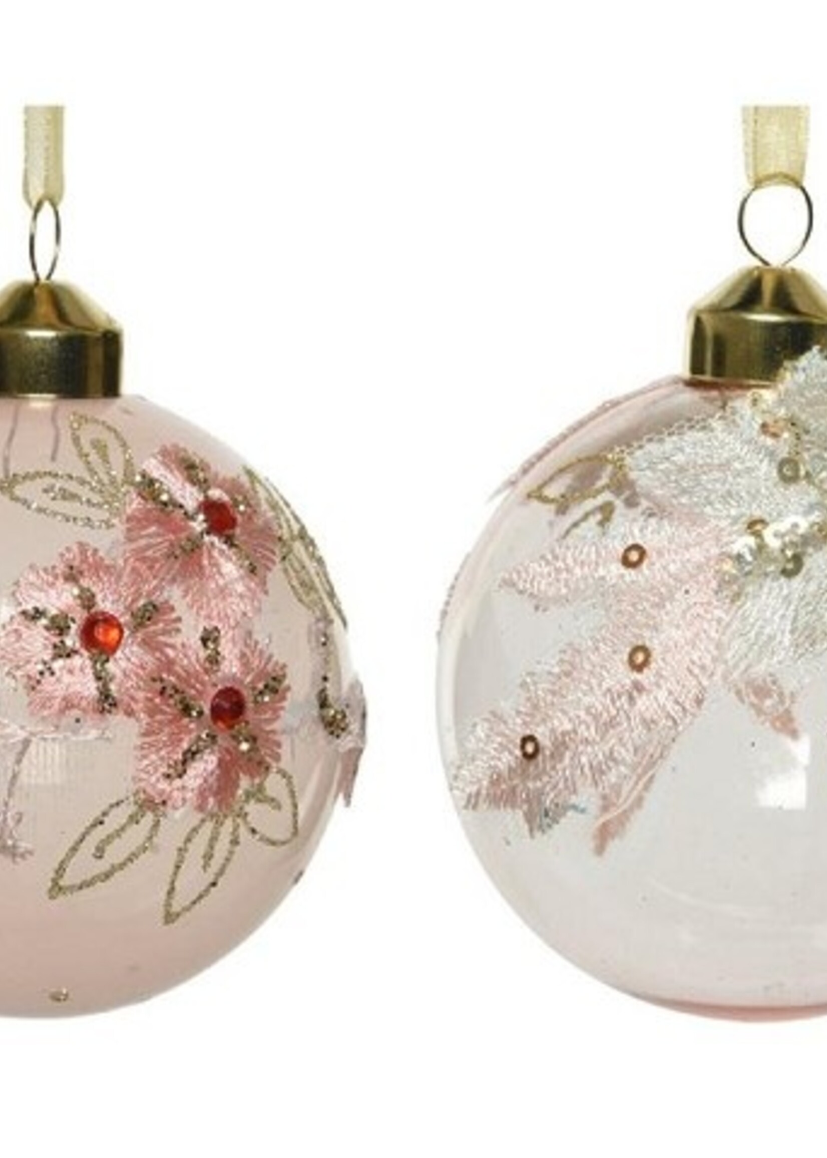 Decoris Gedecoreerde Kerstballenset van glas set a 3 ballen dia 8cm in kleuren pink flower OF white flower