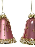 Decoris Glazen kerstornamenten in vorm van gedecoreerde klokjes dia 6.5cm x 8 cm velours roze