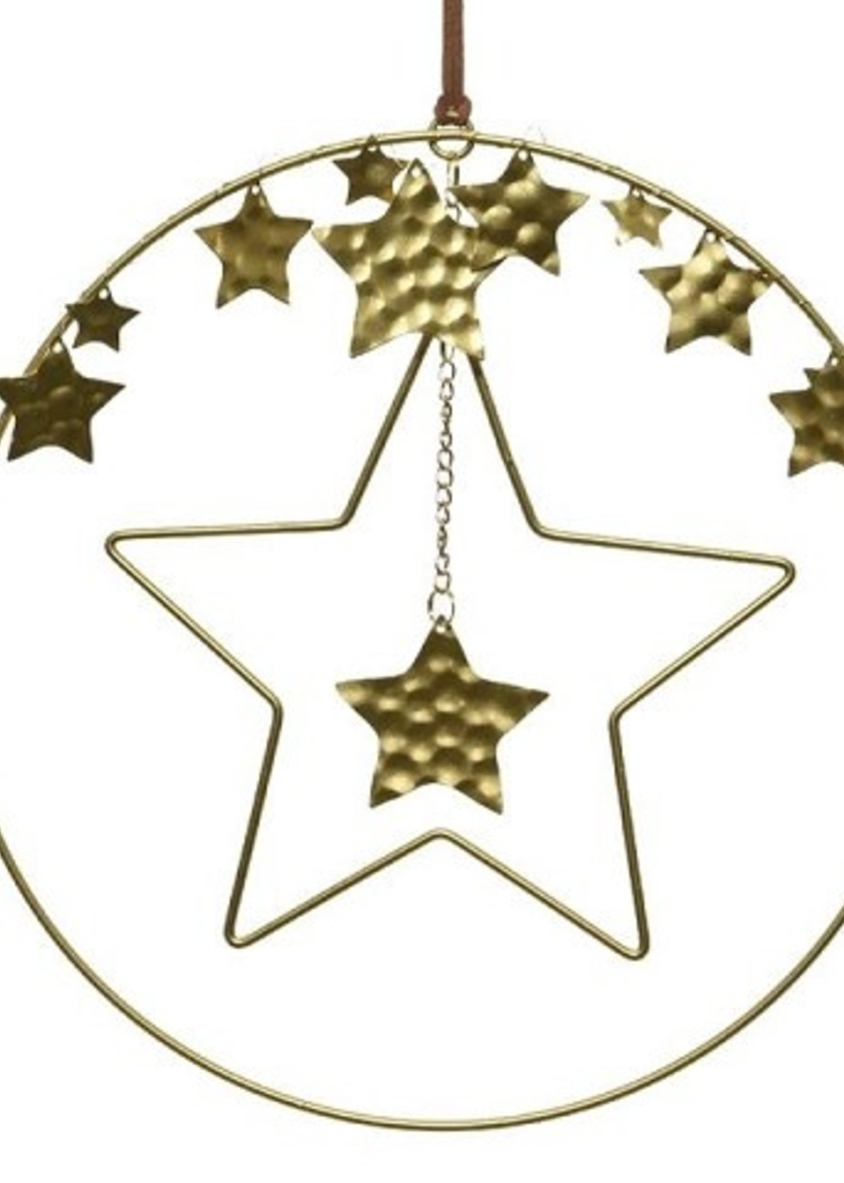 Decoris Kerstdecoratie hanger gouden cirkel met sterren dia 25cm, ijzer met leren hanger