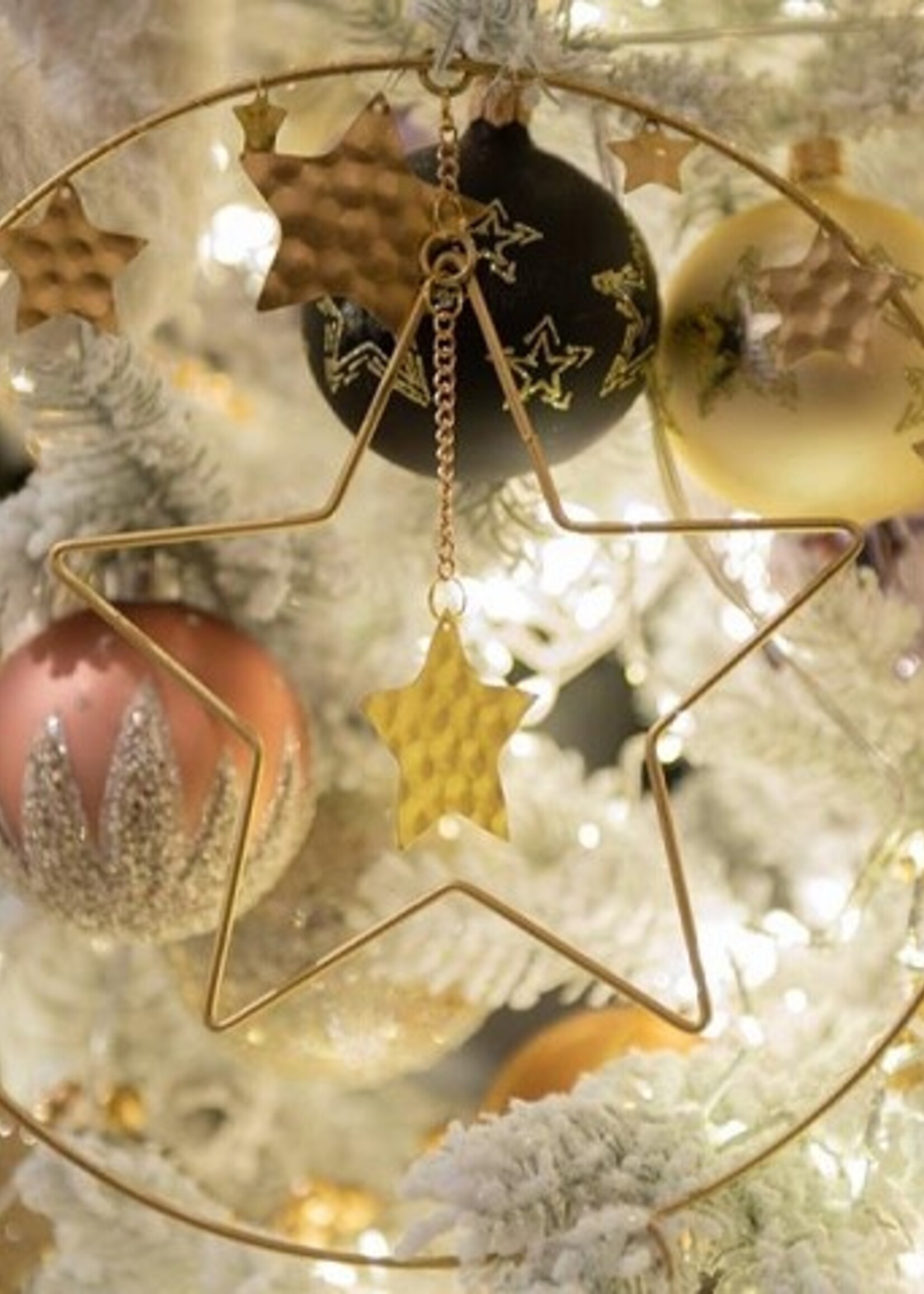 Decoris Kerstdecoratie hanger gouden cirkel met sterren dia 25cm, ijzer met leren hanger