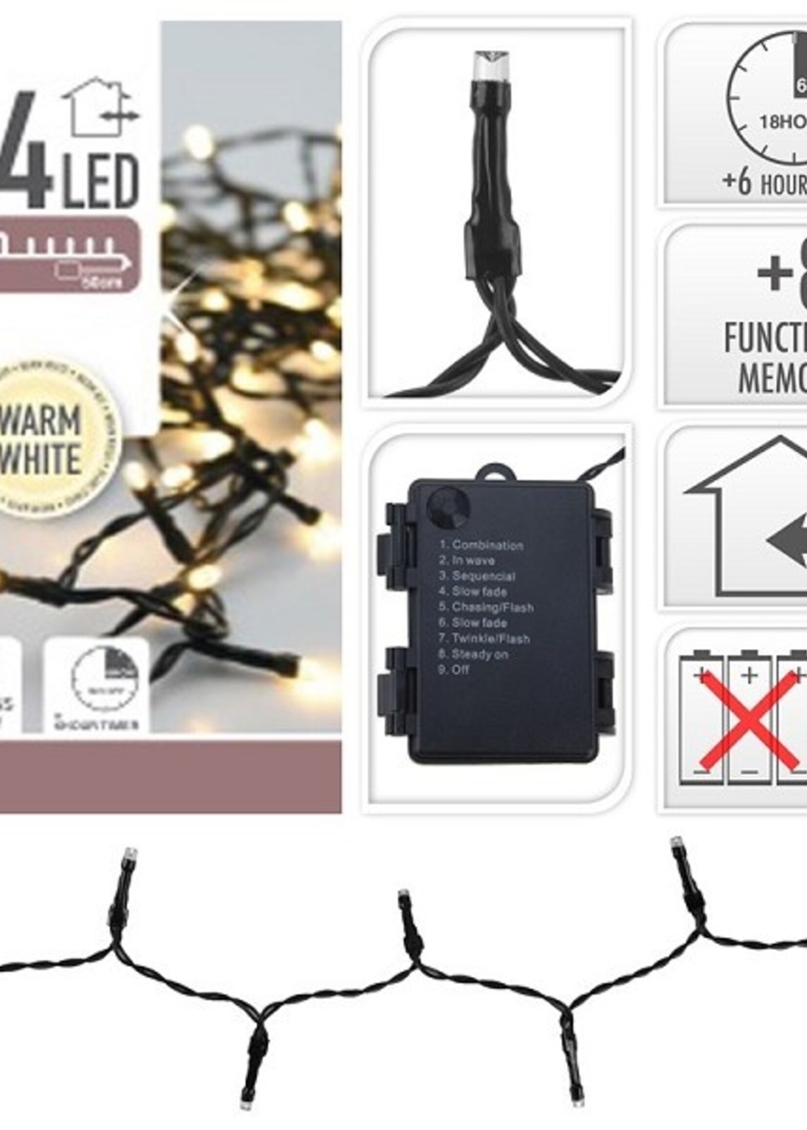 kerstverlichting LED met timer 24Lamps 2mtr Warm Wit 3xAA (excl batterijen)