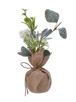 Decoris Eucalyptus met glitterfinish in jute pot Ø8x27cm groen/wit