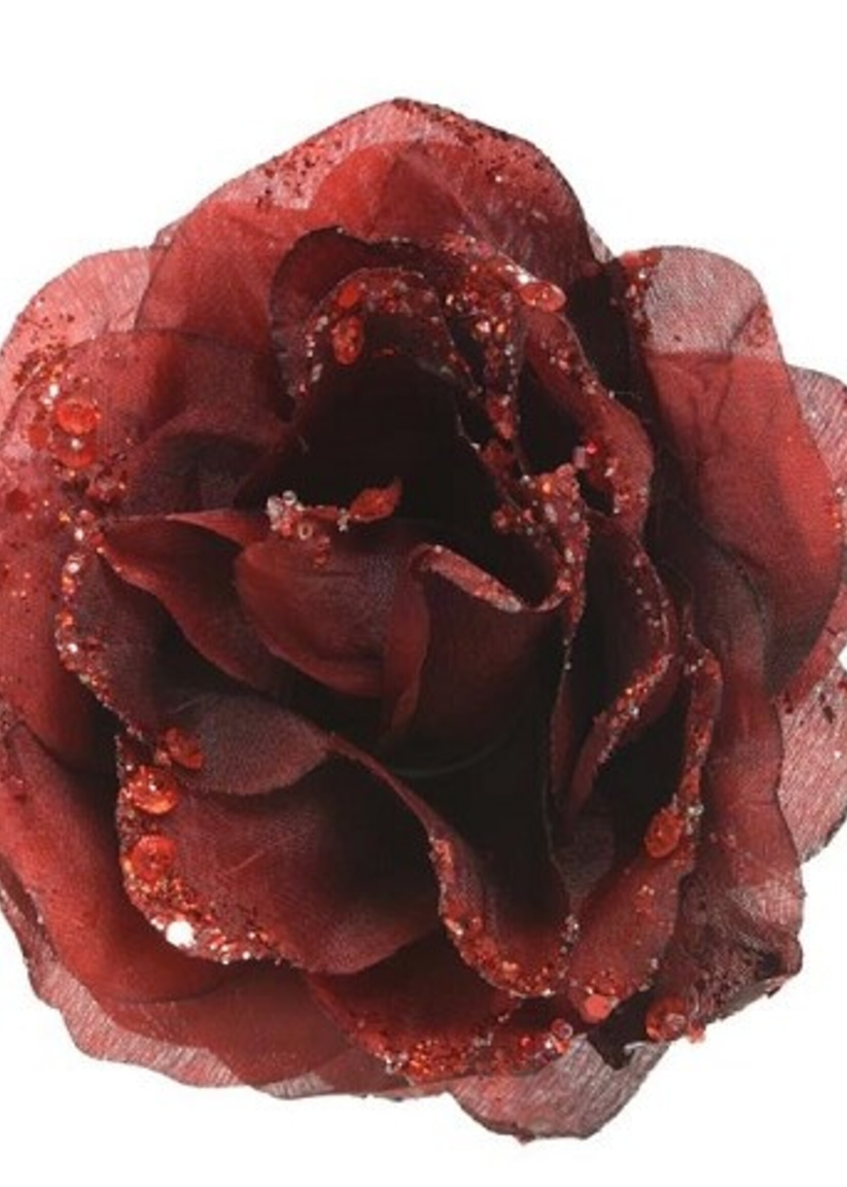 Decoris kerstdecoratie Roos op clip polyester ossenbloed dia14x8,5cm