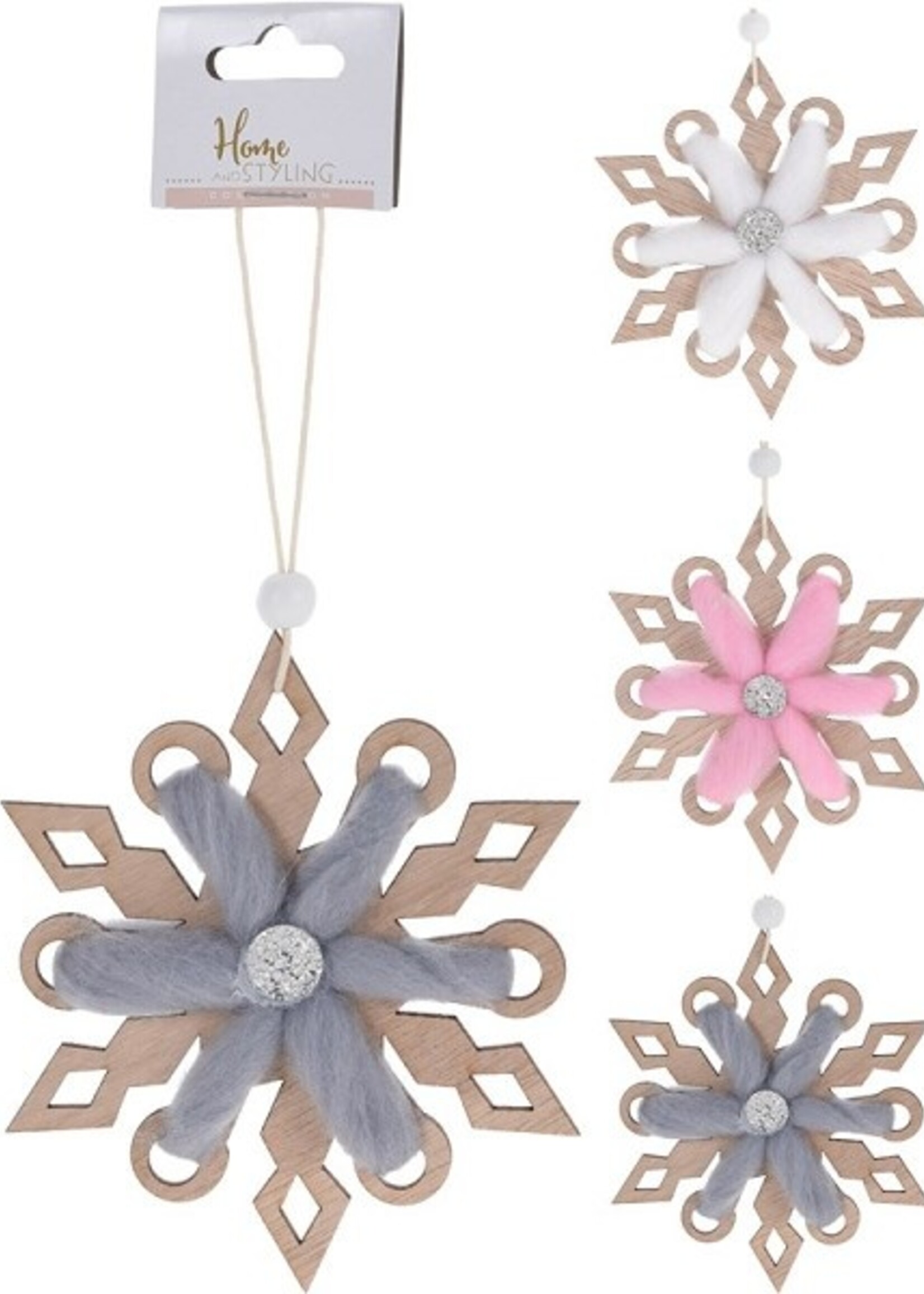 Hangdeco Sneeuwvlok dia13cm van hout en wol