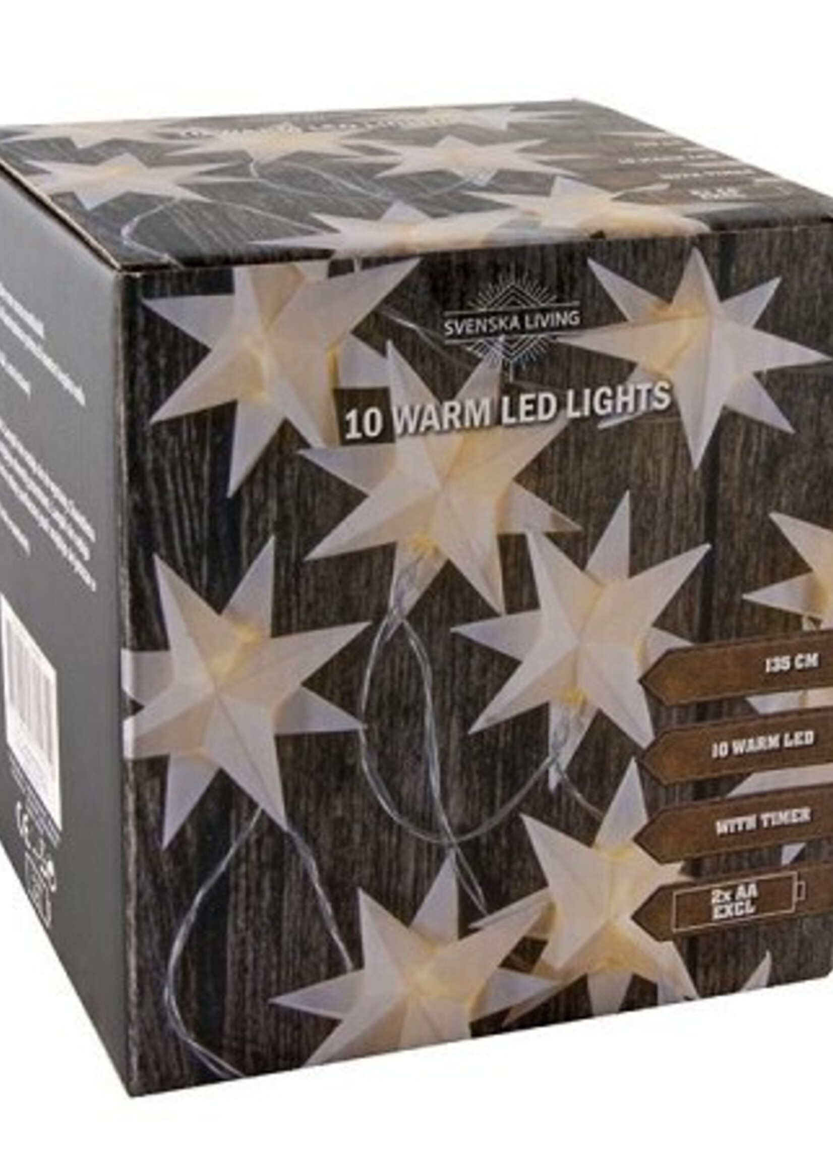 String verlichting met 10 witte sterren van papier 7cm, 10 LED verlichting en timer 2xAA (excl)