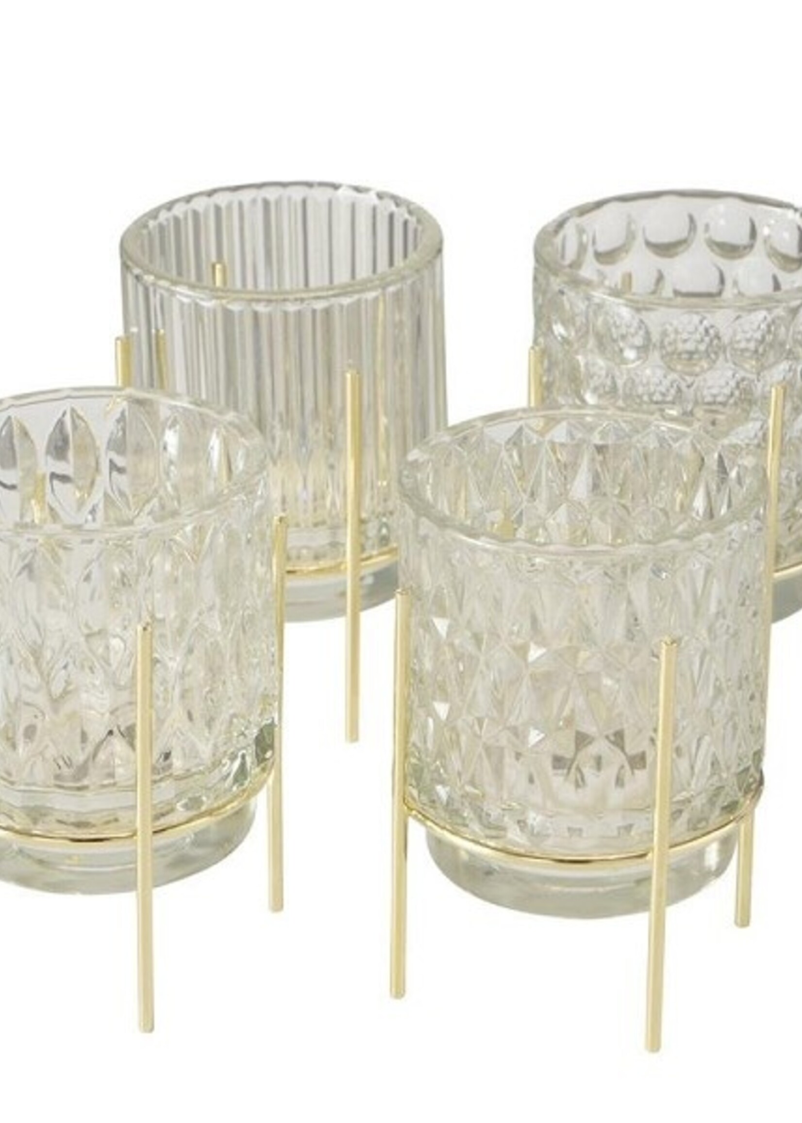 Boltze Home Theelichthoudertransparant in metalen gouden houder Noria H11cm dia 7cm