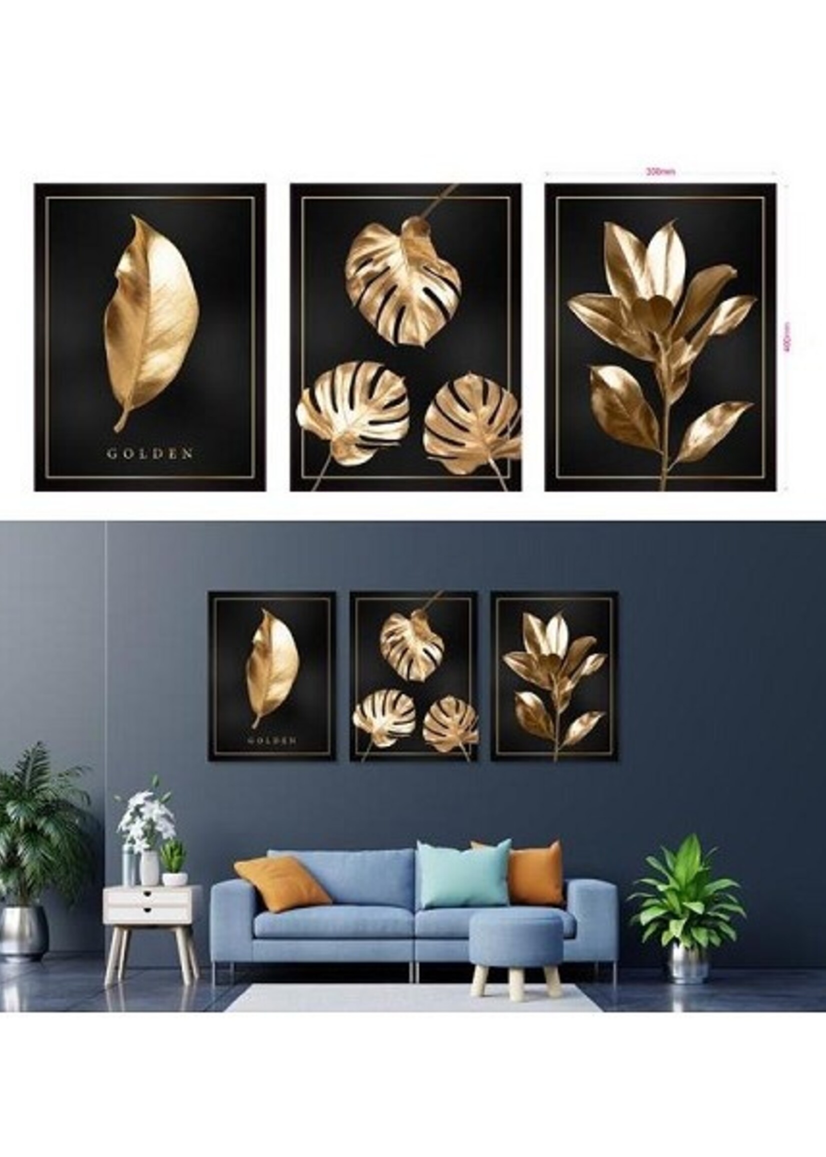 Canvas schilderij bladeren zwart/goud 30x40x1,5cm MDF per stuk.